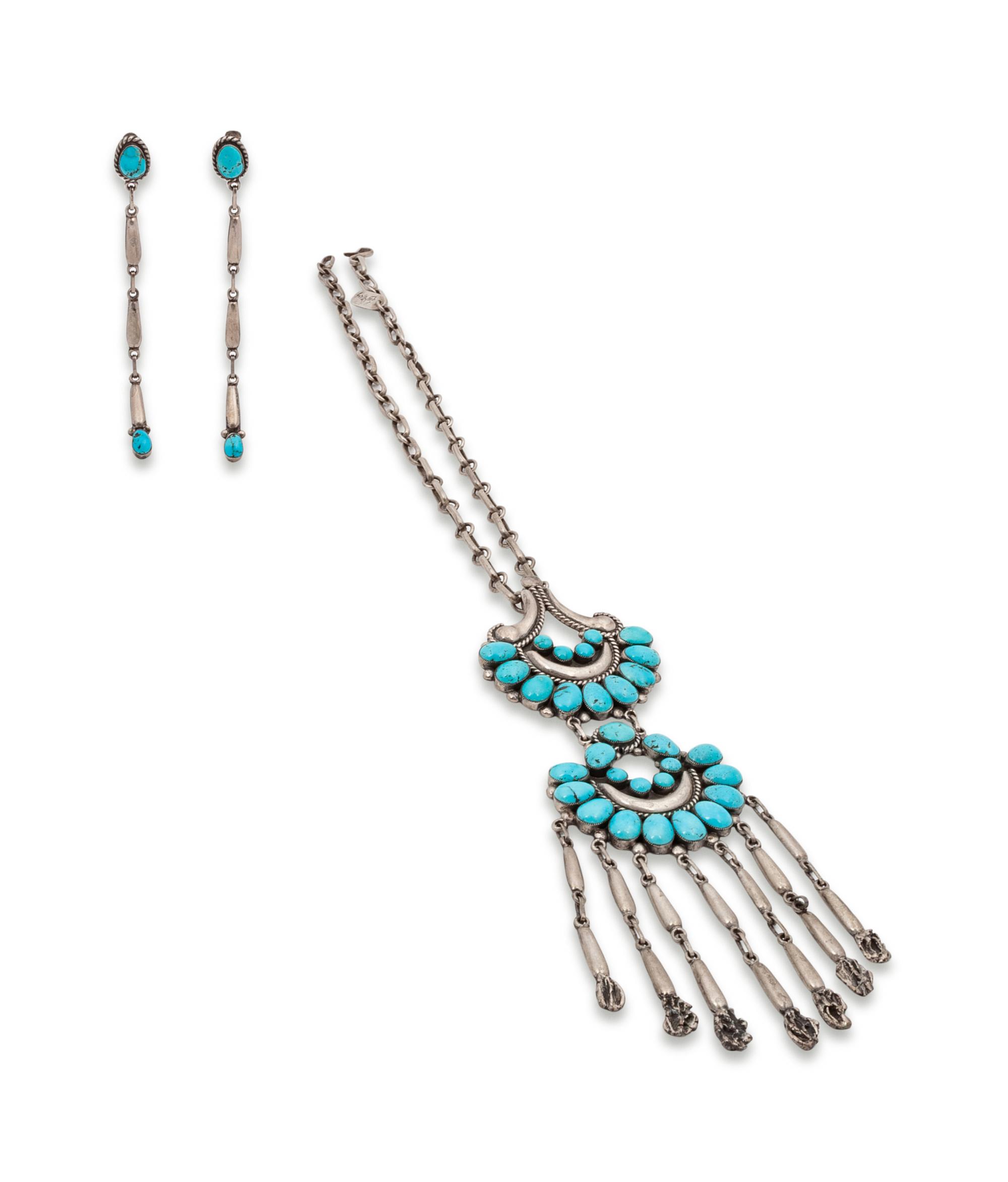 Silver and Turquoise Pendant Necklace AND Earrings