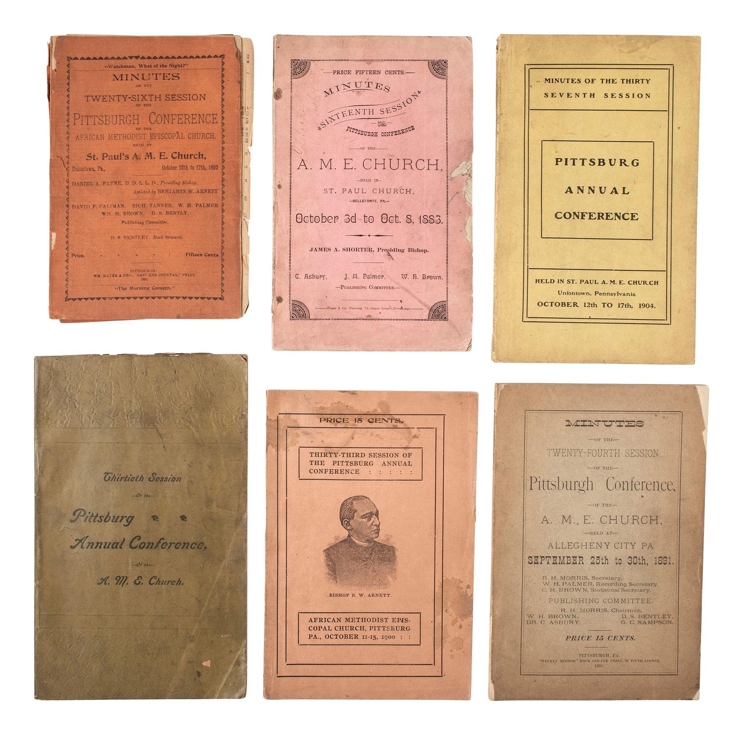 [AFRICAN AMERICANA - RELIGION]. A group of 8 items related to the American Methodist Episcopal Church (A.M.E.), incl. photograph and "Minutes" from conferences held in Pennsylvania and West Texas.