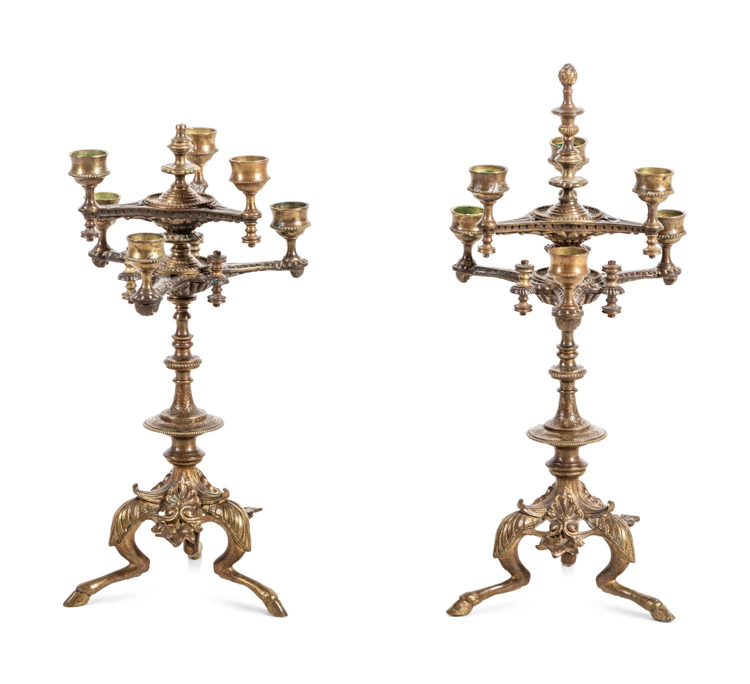 A Pair of Continental Gilt Bronze Six-Light Candelabra