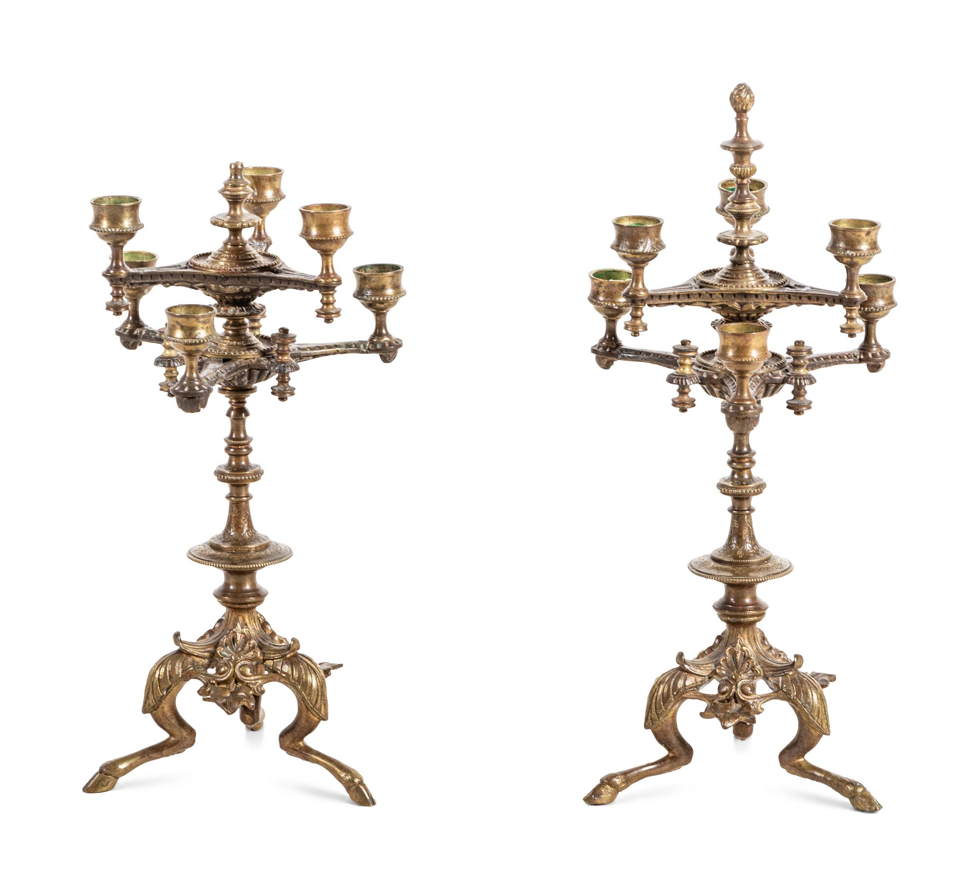 A Pair of Continental Gilt Bronze Six-Light Candelabra
