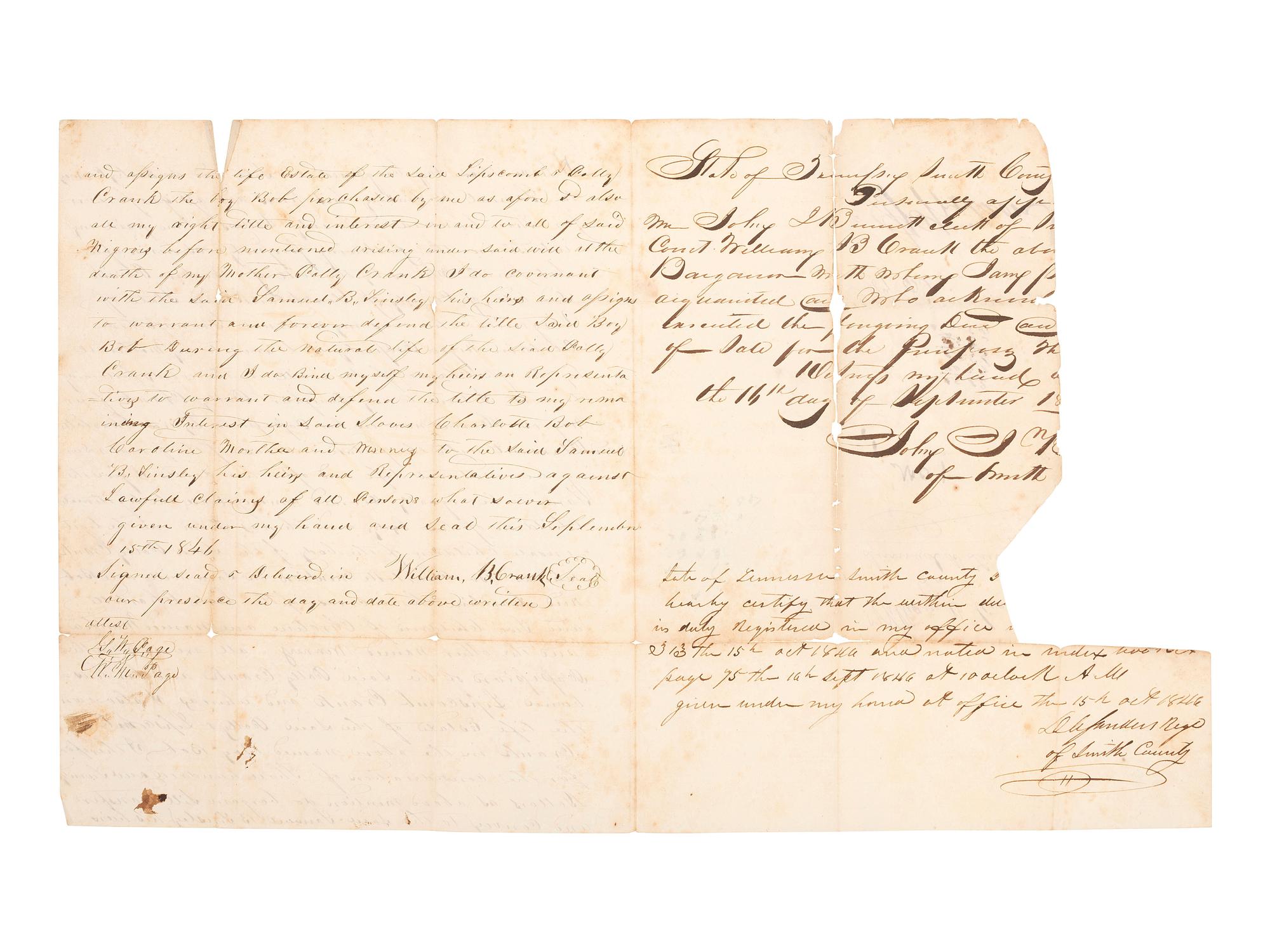 [ENSLAVEMENT]. Manuscript estate document outlining division of enslaved persons. 15 September 1846.