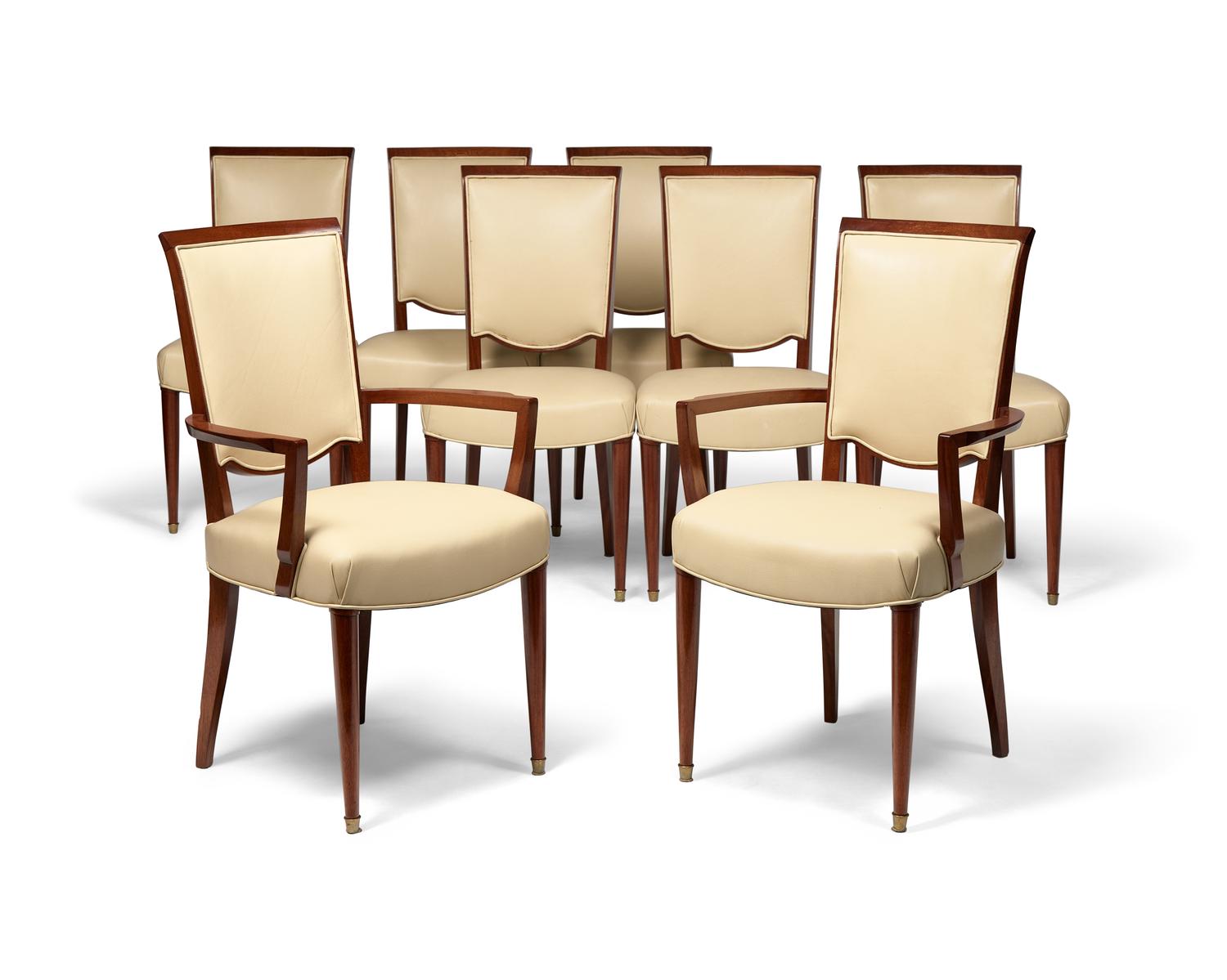 A Set of Eight Jules Leleu Mahogany Dining Chairs