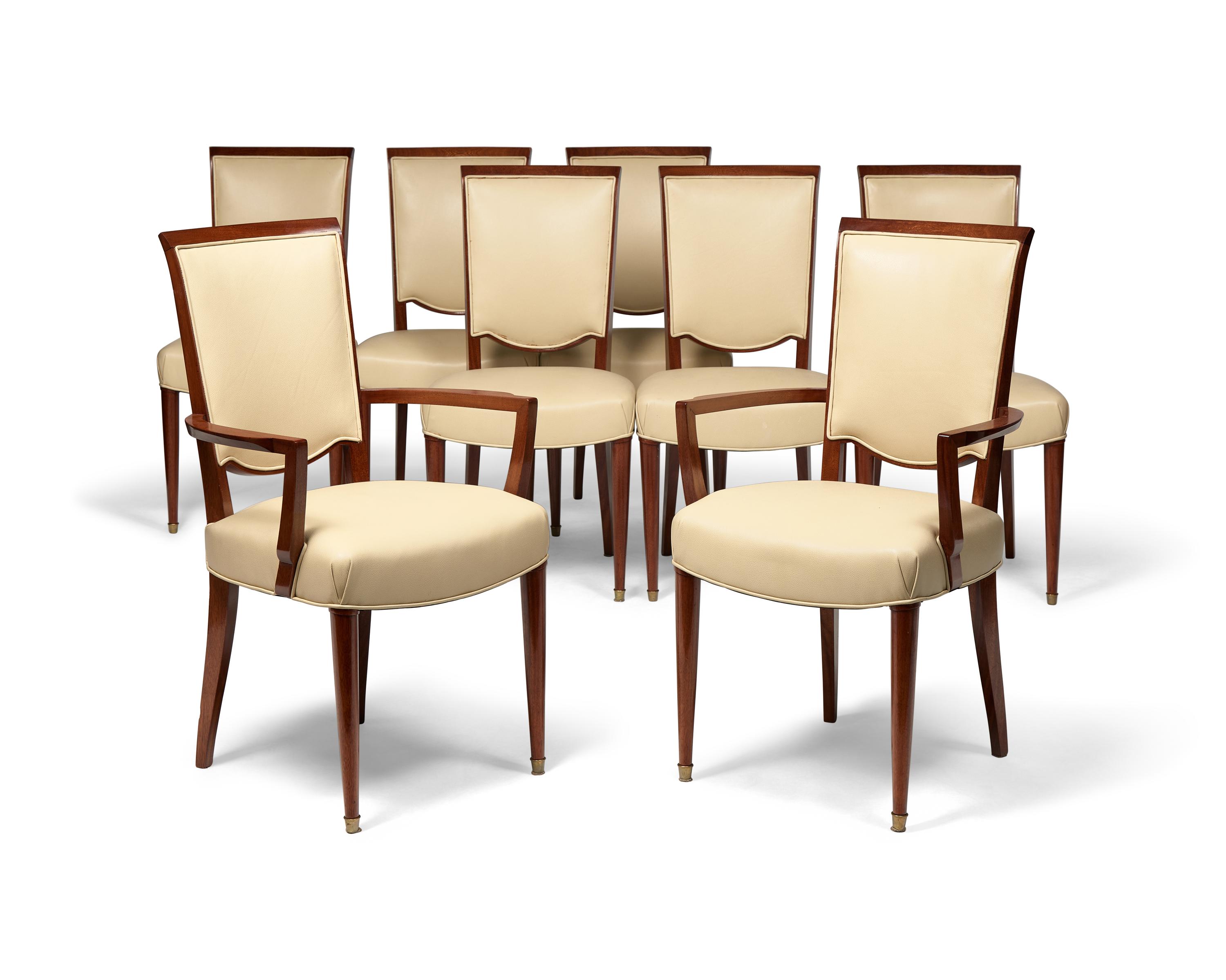 A Set of Eight Jules Leleu Mahogany Dining Chairs