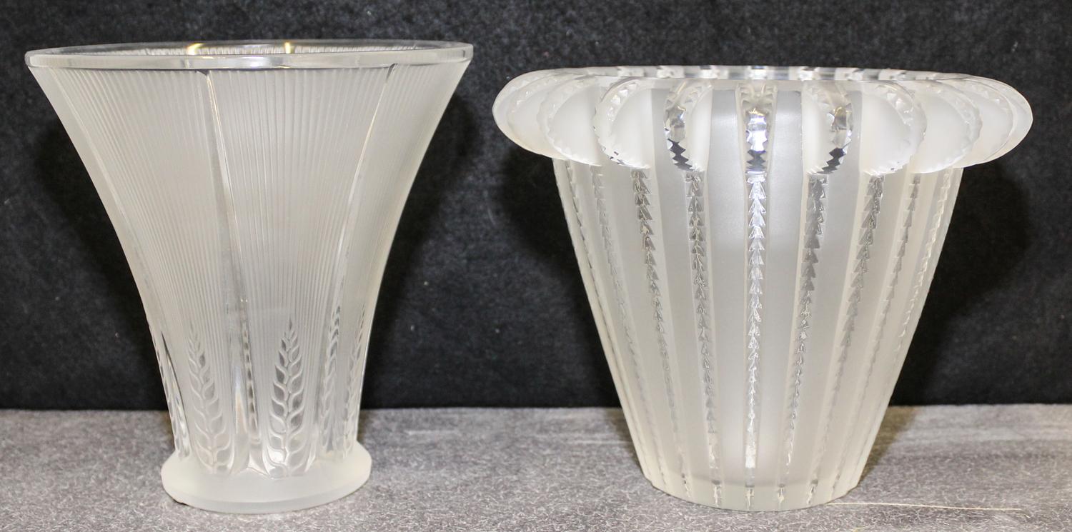 Two Lalique Molded and Frosted Glass Vases. Height of taller 6 1/2 inches.