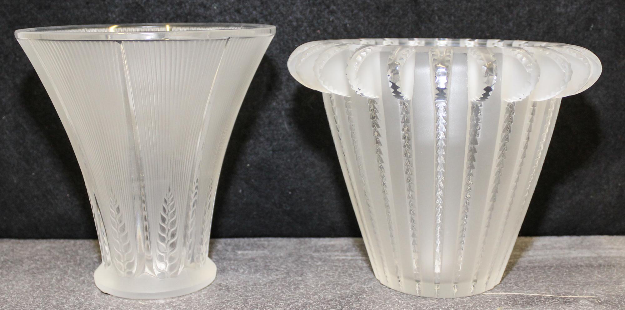 Two Lalique Molded and Frosted Glass Vases. Height of taller 6 1/2 inches.