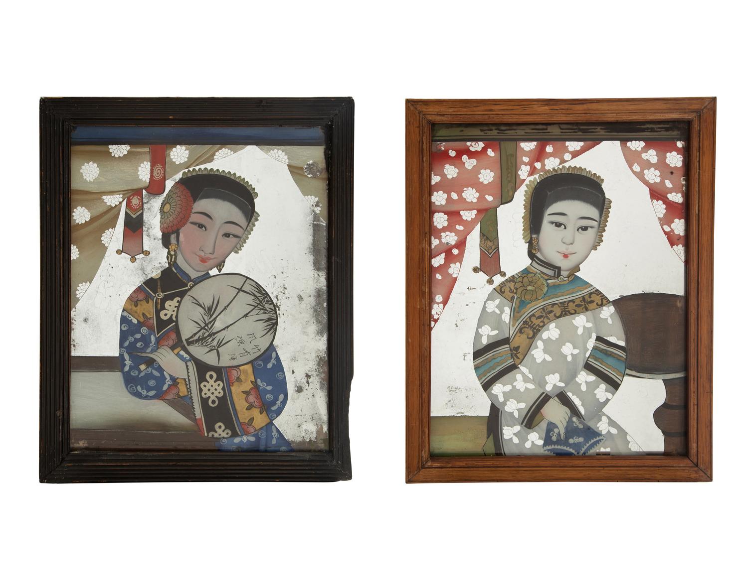 A Pair of Chinese Reverse Paintings on Mirrored Glass