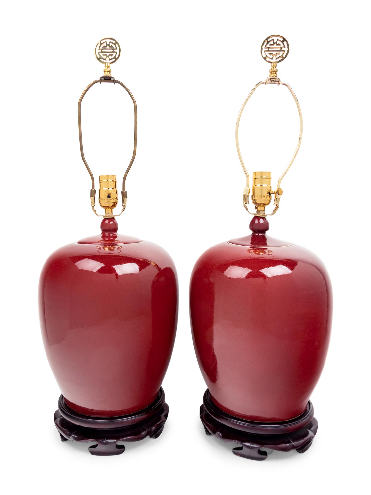 A Pair of Copper Red Glazed Porcelain Jars Mounted as Lamps