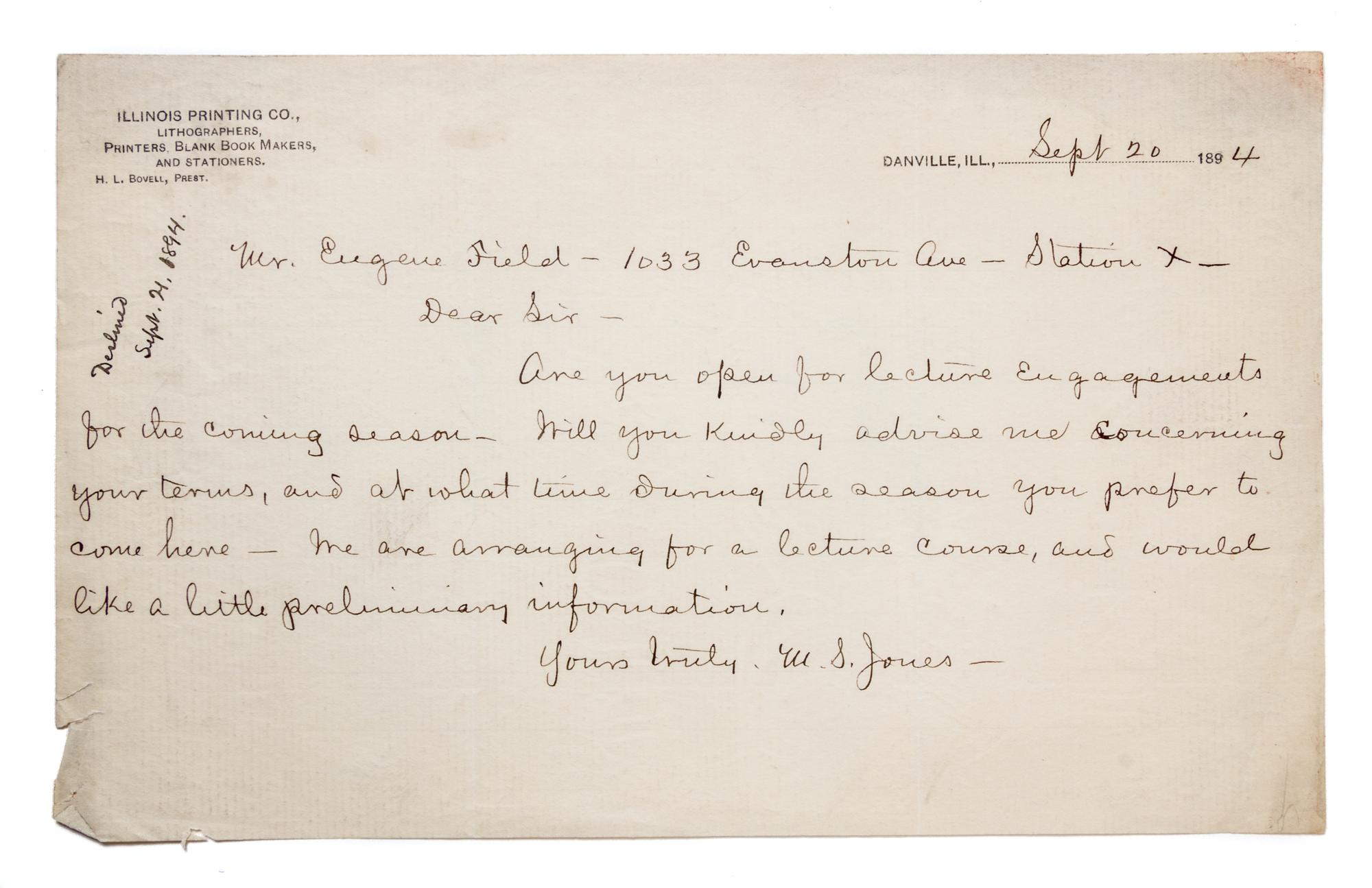 (CHICAGO; FIELD, EUGENE) Archive of coorespondence, 62 items total.