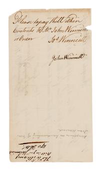 HANCOCK, John. Autographed note signed ("Accepted/Tho. Hancock"), to Thomas Hancock and Company Boston, Annapolis Royal, 12 July 1763.