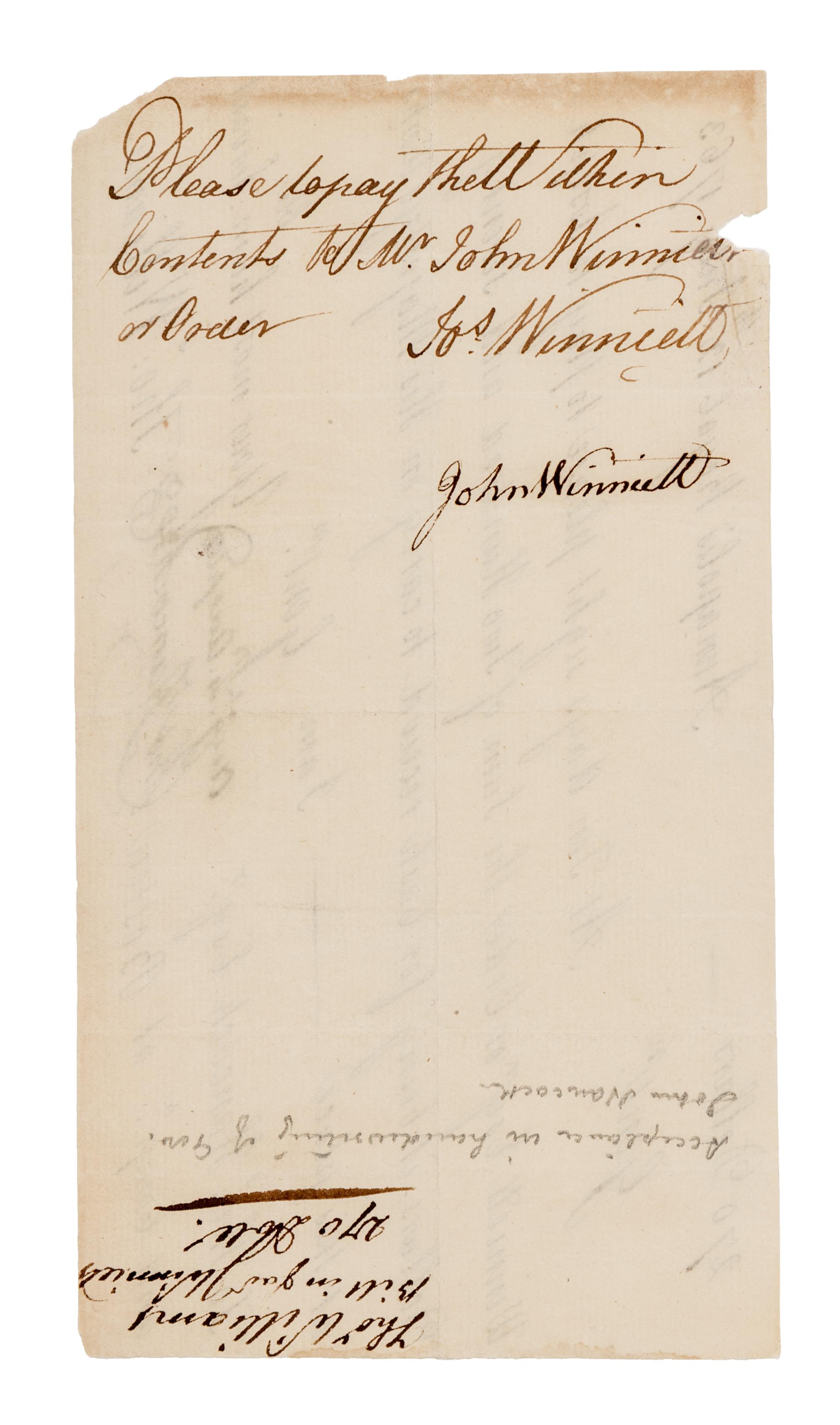 HANCOCK, John. Autographed note signed ("Accepted/Tho. Hancock"), to Thomas Hancock and Company Boston, Annapolis Royal, 12 July 1763.