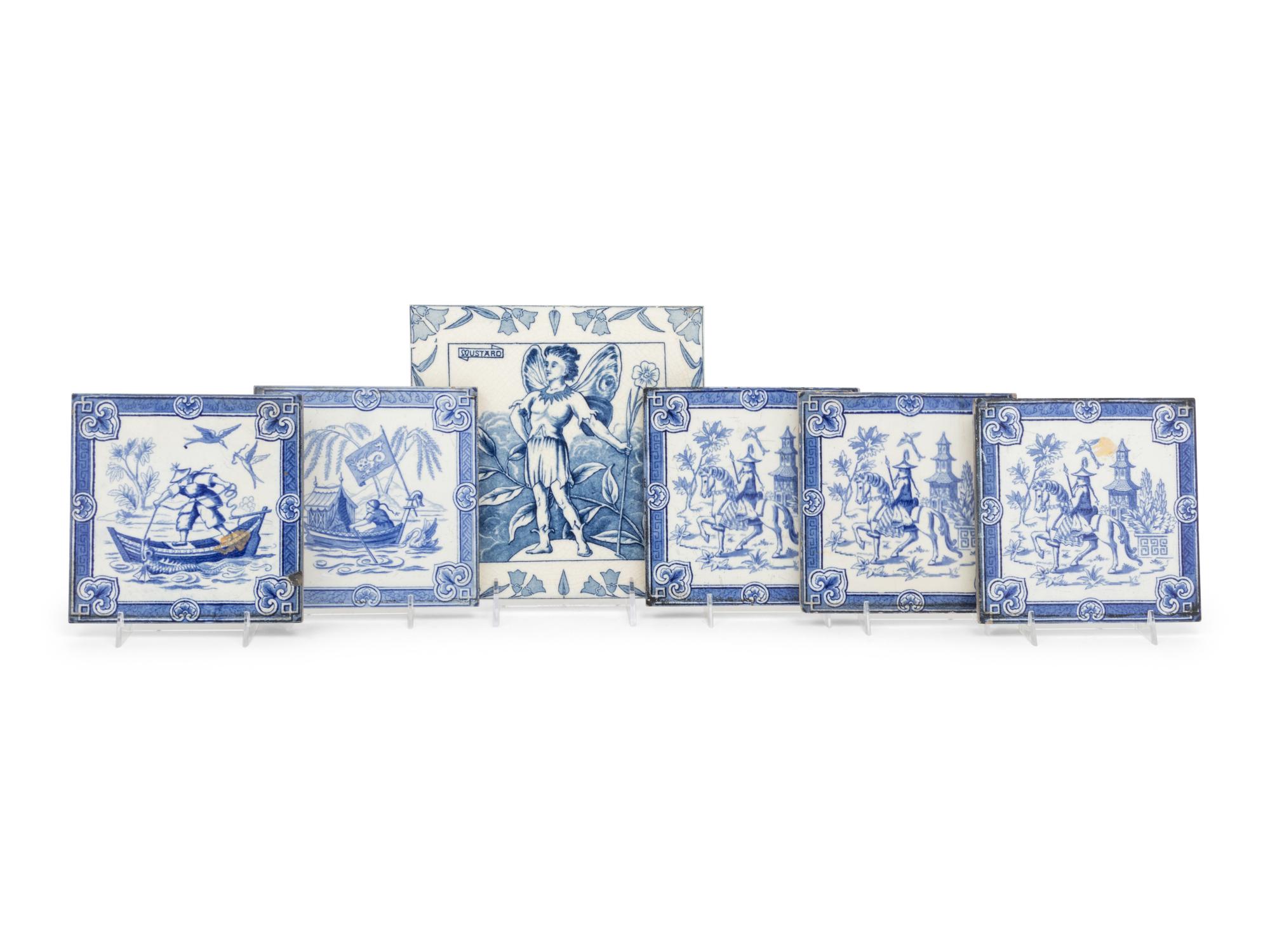 A Set of Five Minton Blue-and-White Decorated Ceramic Tiles