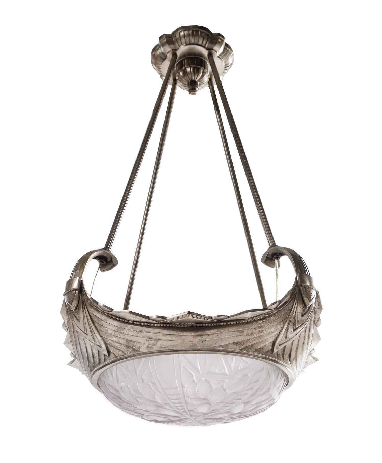 An Art Deco Frosted Glass and Silvered Bronze Fixture Height 35 x diameter 21 inches — FRANCE, 1920s