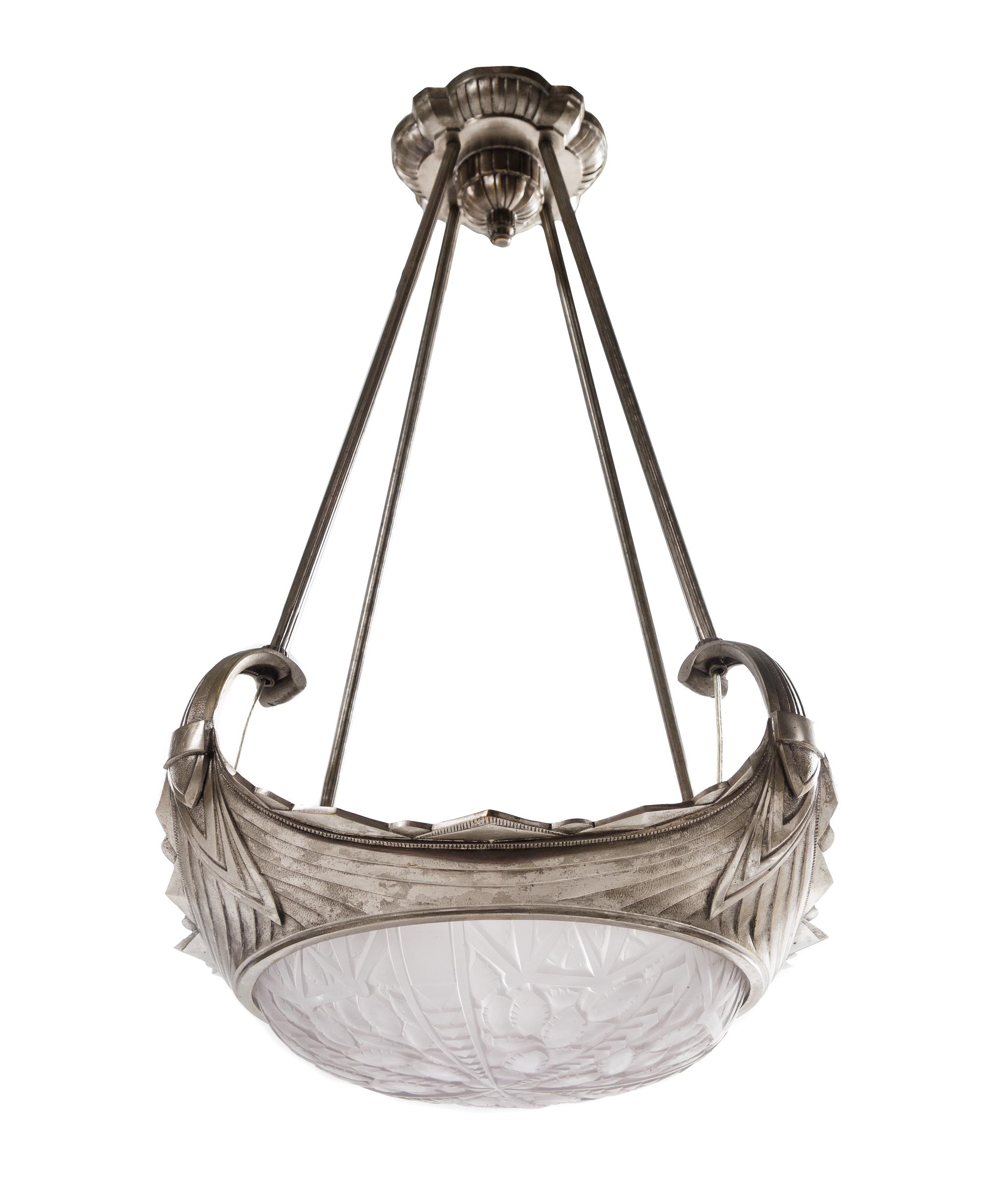 An Art Deco Frosted Glass and Silvered Bronze Fixture Height 35 x diameter 21 inches — FRANCE, 1920s