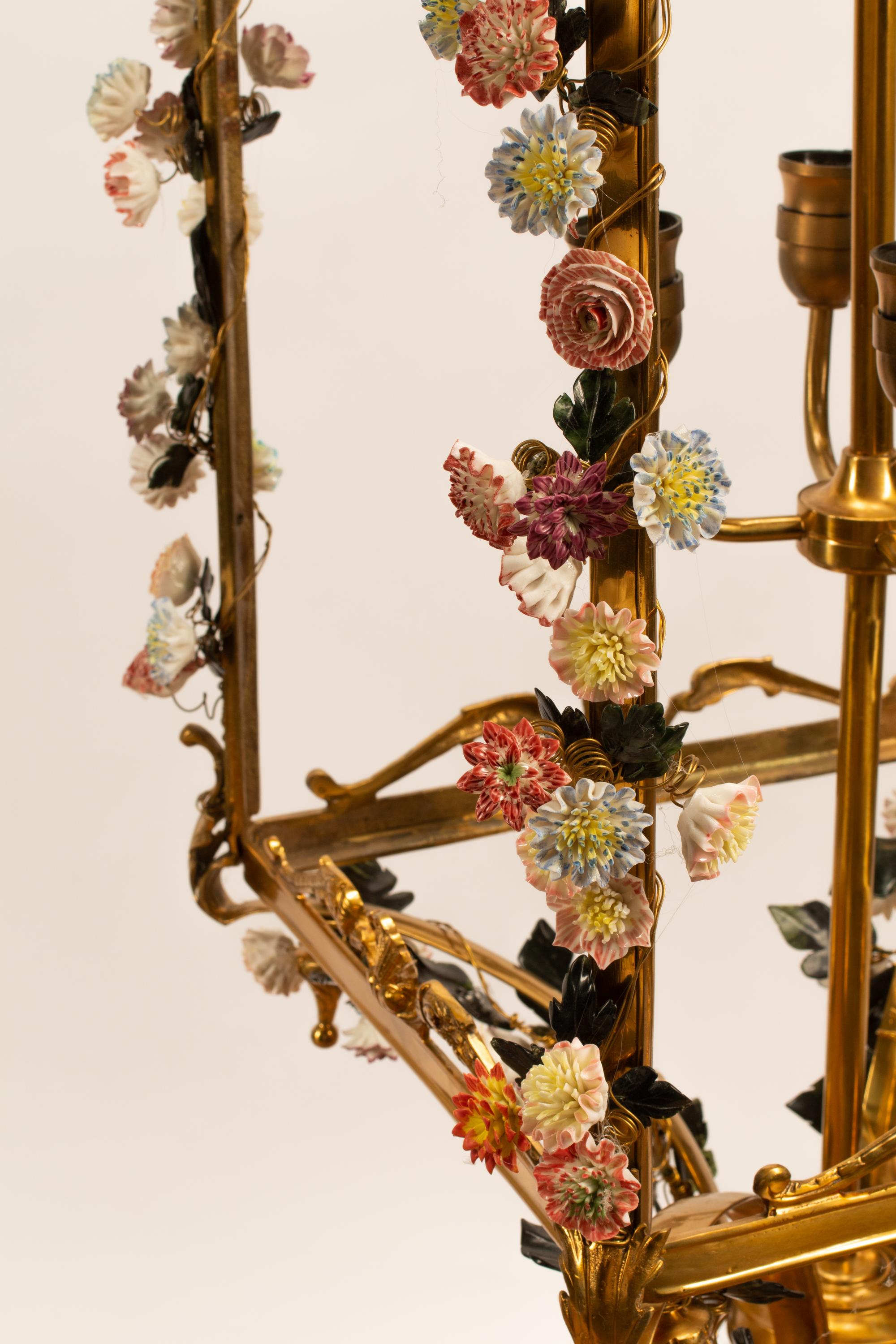 A Louis XV Style Gilt Bronze and Porcelain Hall Lantern