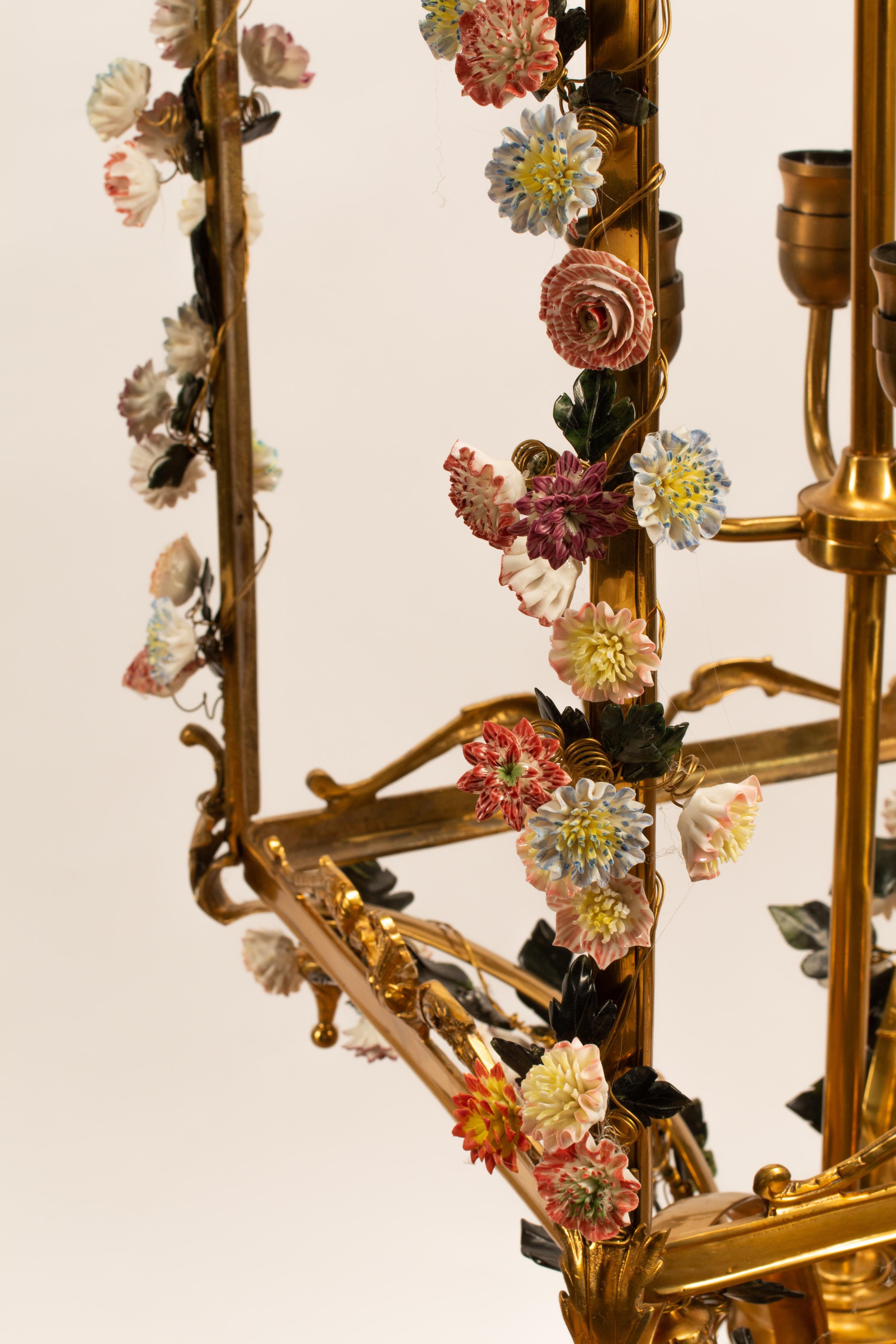 A Louis XV Style Gilt Bronze and Porcelain Hall Lantern