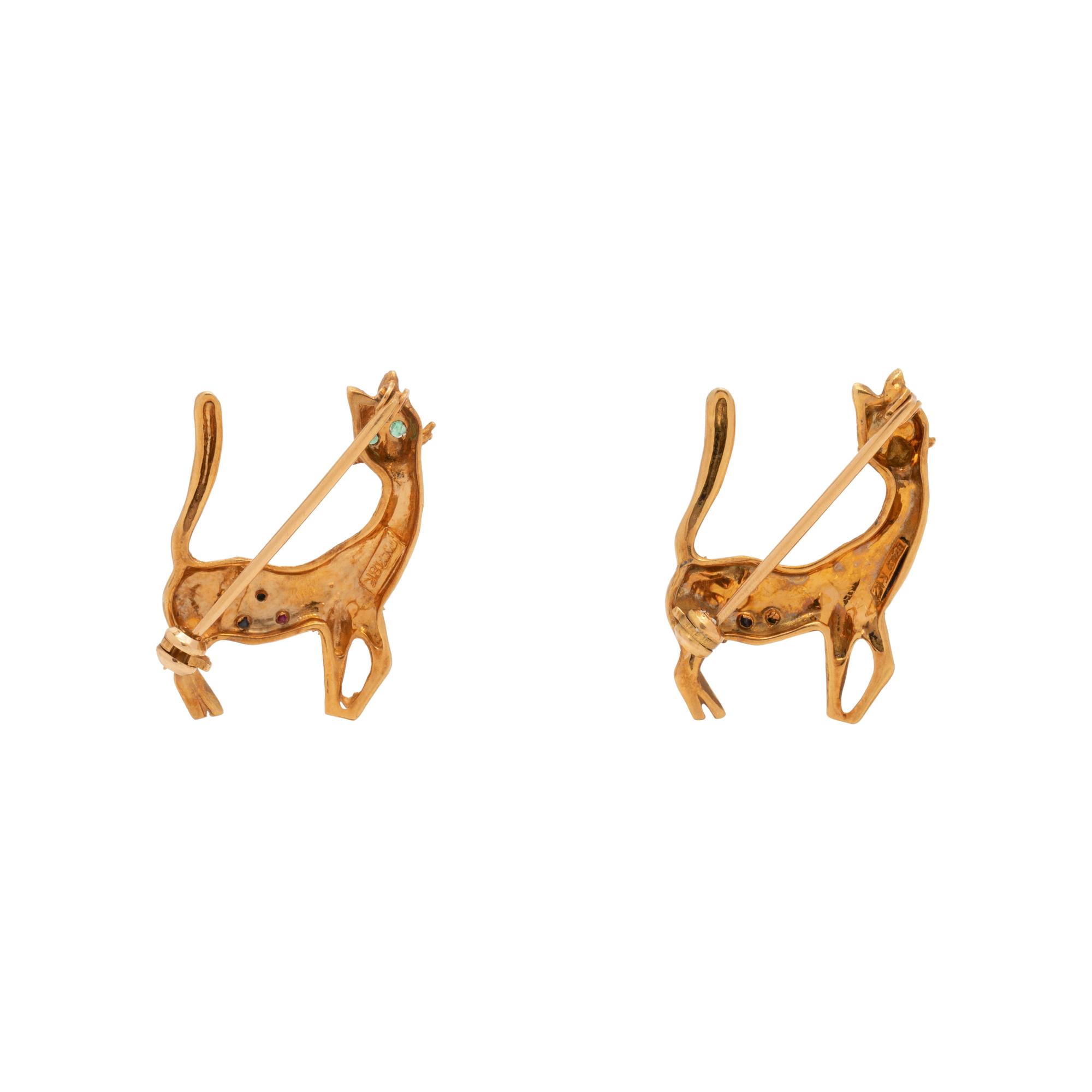YELLOW GOLD AND MULTIGEM CAT BROOCHES