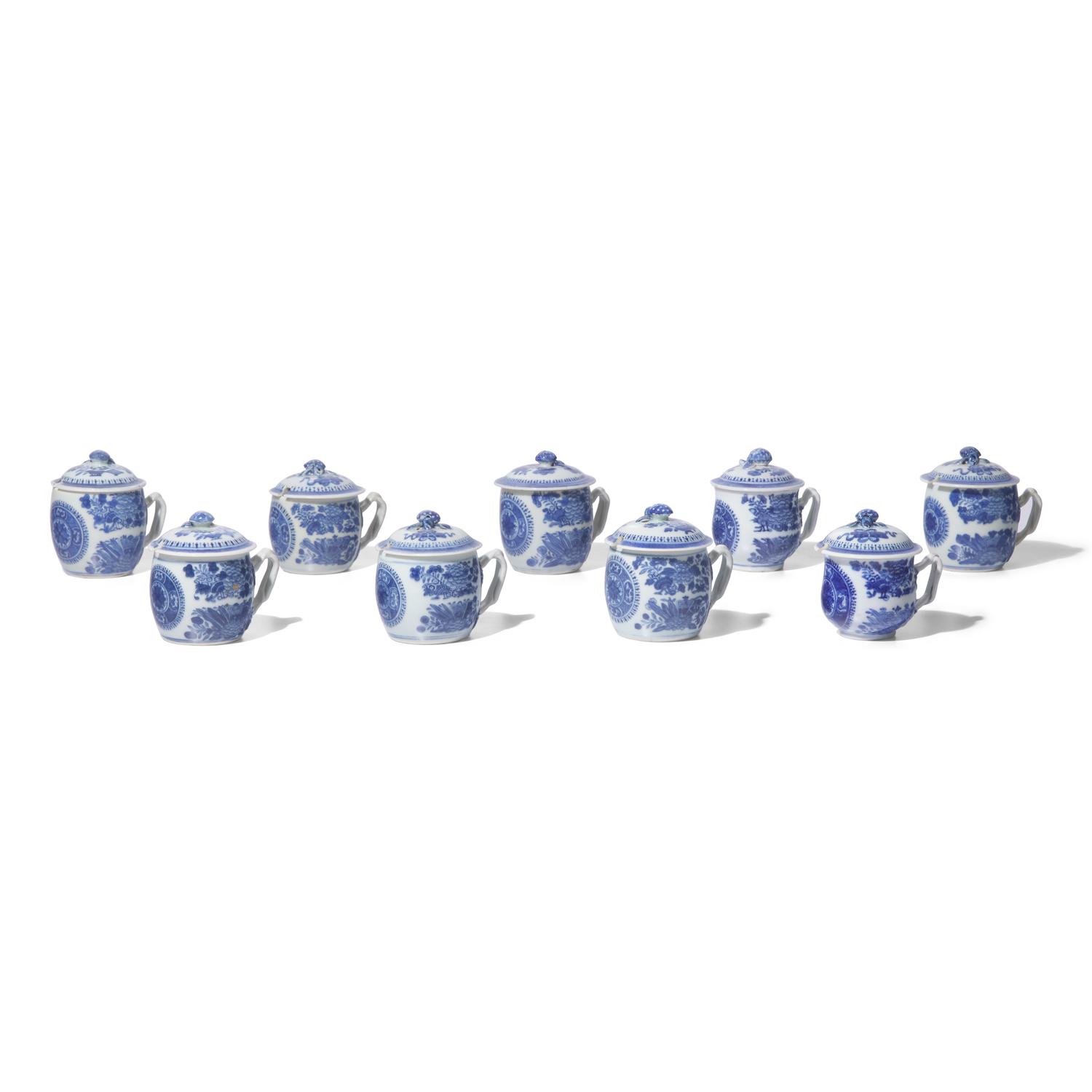 A Group of Nine Chinese Export Porcelain Fitzhugh Syllabub Cups and Covers