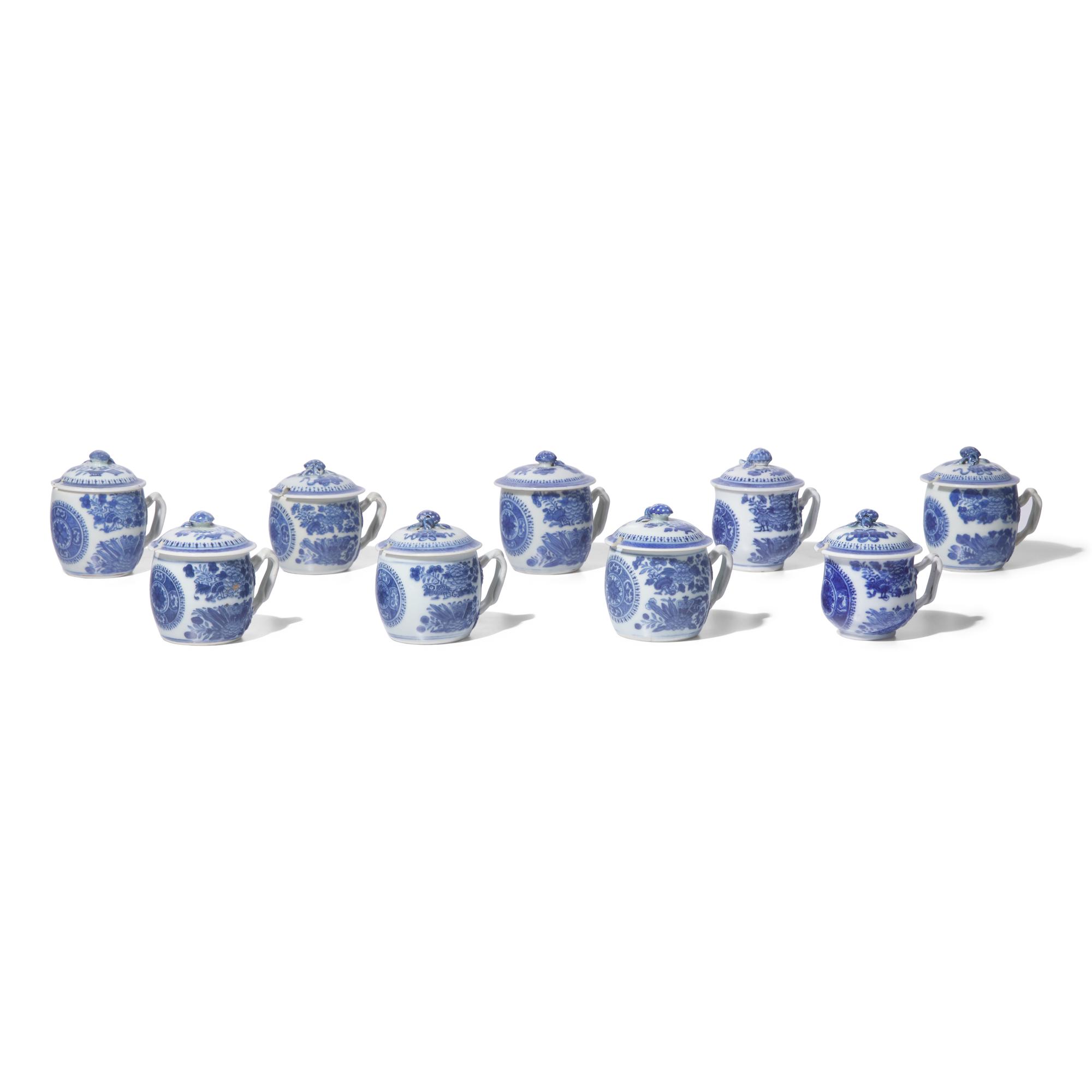 A Group of Nine Chinese Export Porcelain Fitzhugh Syllabub Cups and Covers