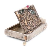 A Russian Silver and Applied Gold and Enamel Charm Decorated Cigarette Case