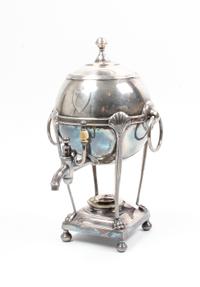 An English Silver-Plate and Silver Mounted Tea Urn, , the globular body with an applied silver shield cartouche marked for Edward Chawn