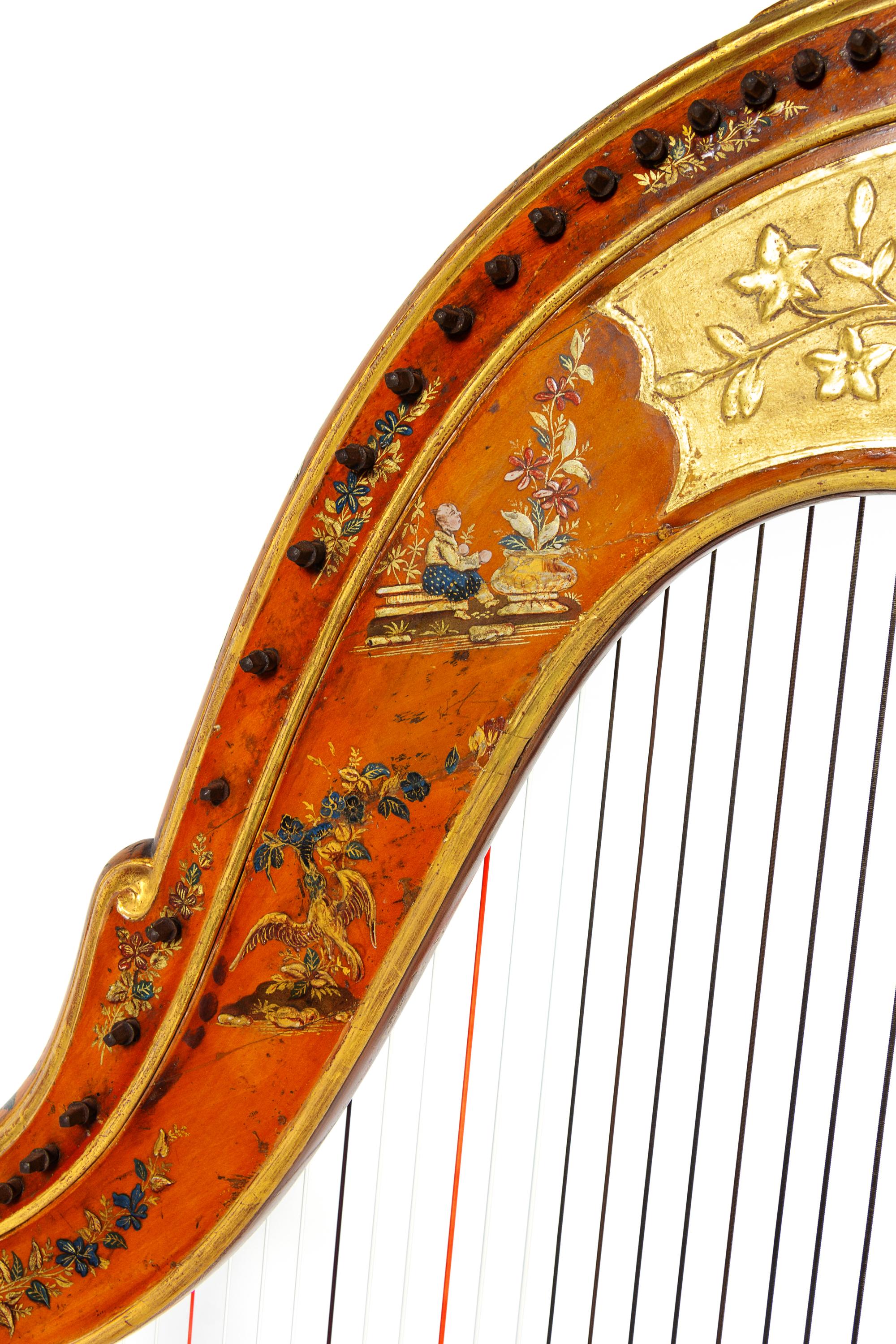 A Louis XVI Parcel Gilt and Painted Satinwood Harp