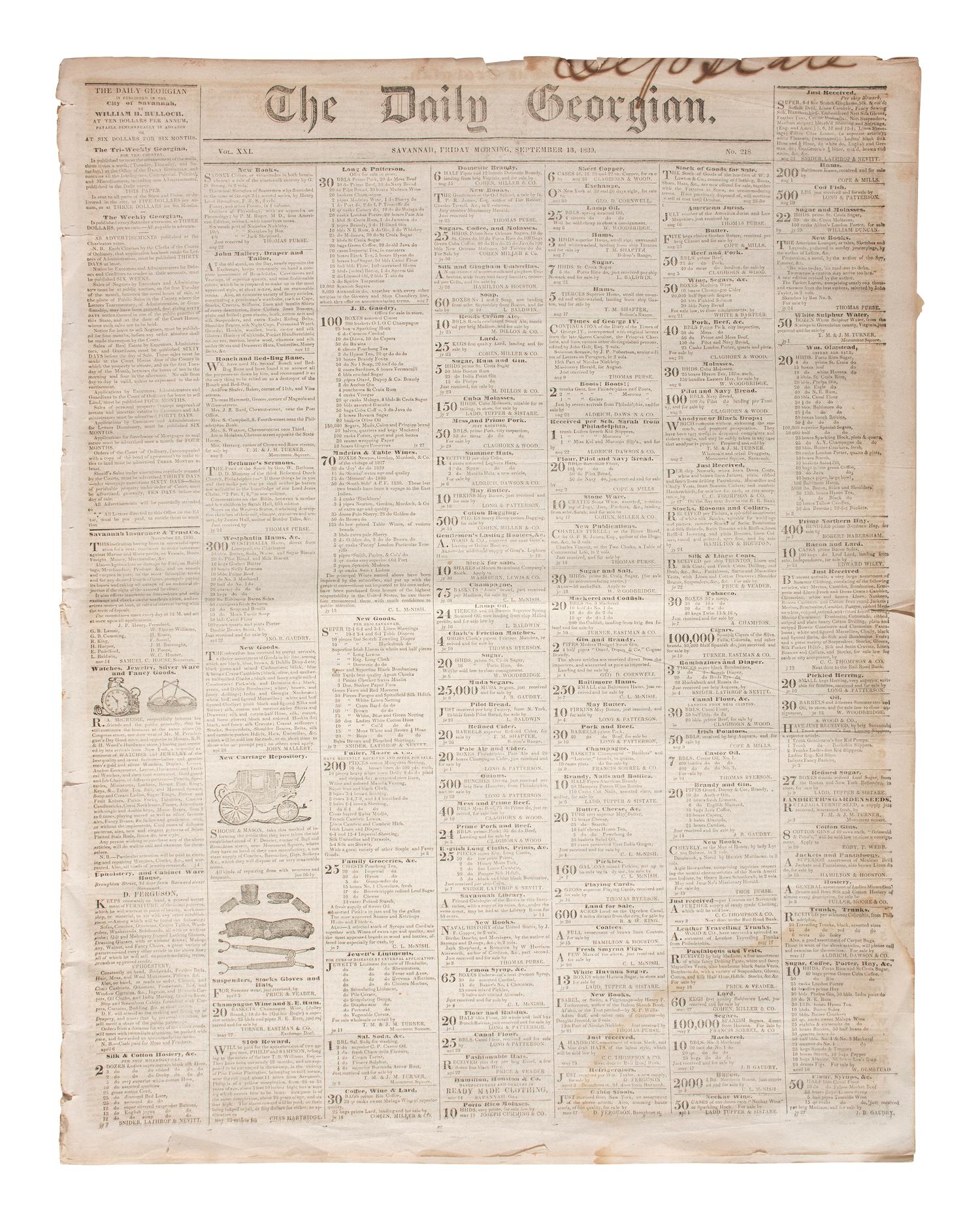 [NEWSPAPERS] 150+ Southern newspapers, incl. Daily Georgian (Savannah) & Charleston Courier.