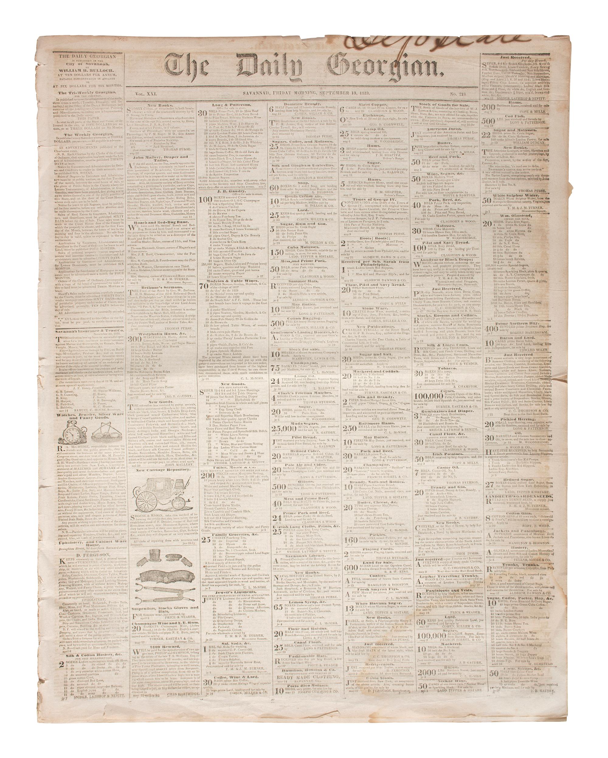 [NEWSPAPERS] 150+ Southern newspapers, incl. Daily Georgian (Savannah) & Charleston Courier.