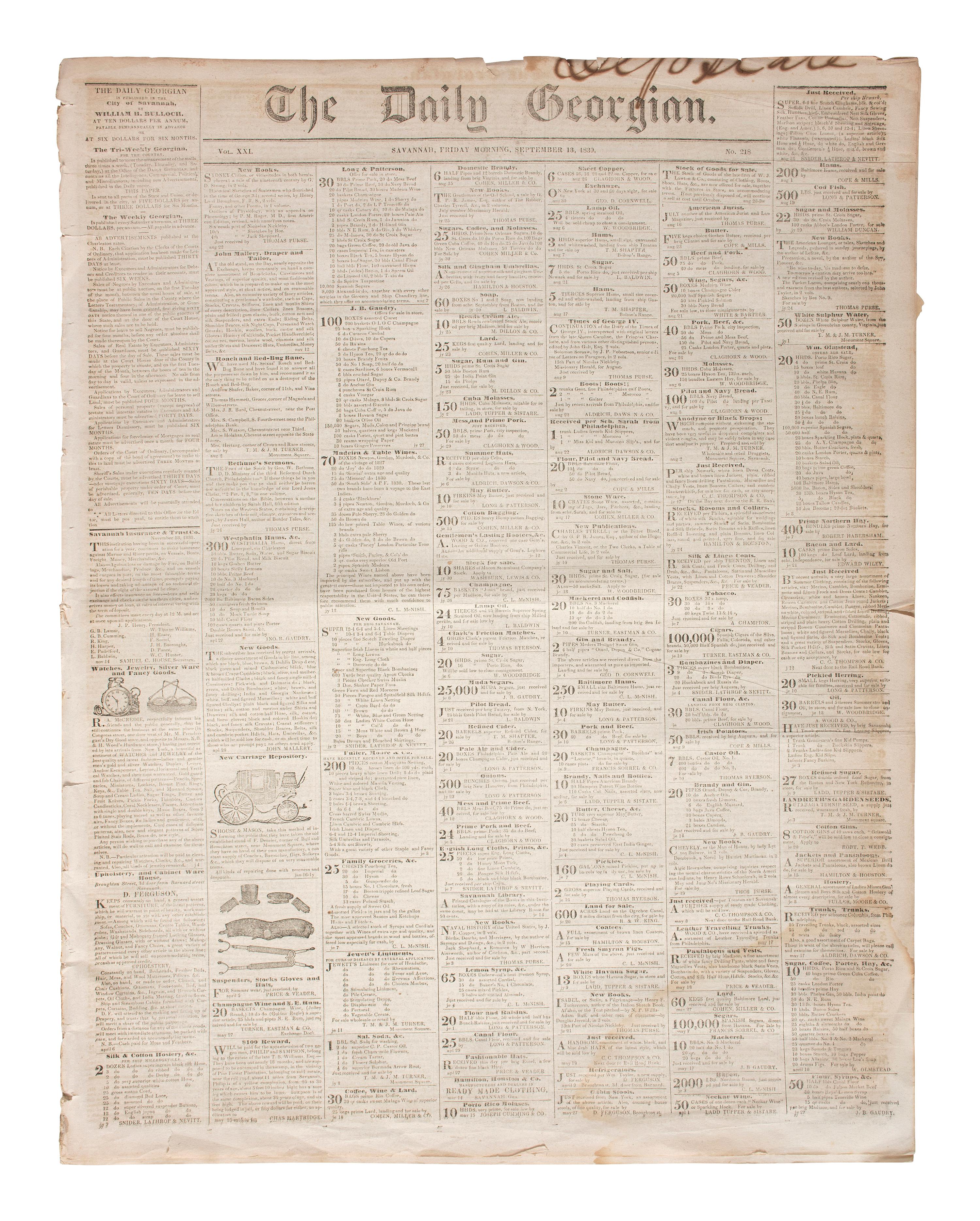 [NEWSPAPERS] 150+ Southern newspapers, incl. Daily Georgian (Savannah) & Charleston Courier.