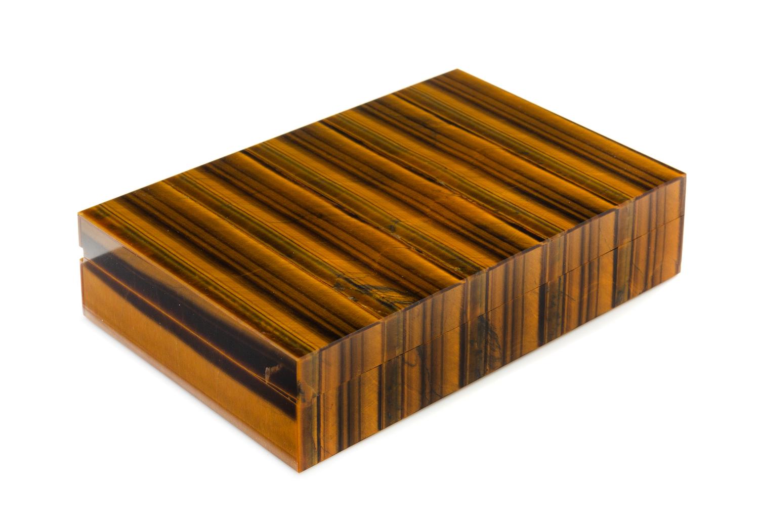 A Tiger's Eye Hardstone Table Casket, 20th Century, opening to a vacant interior.