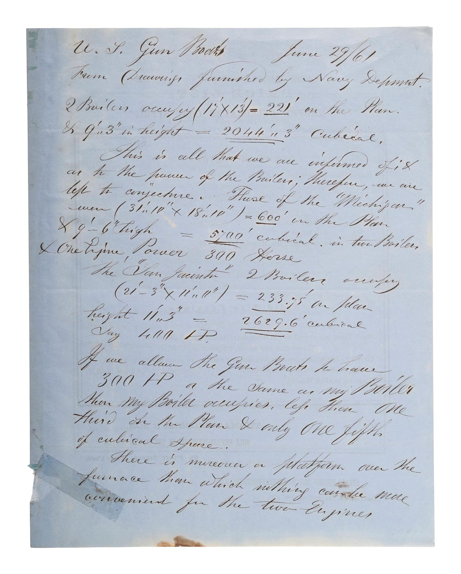 [CIVIL WAR - NAVY]. A group of documents related to artillery, mechanics, and gunboat specifications, including: