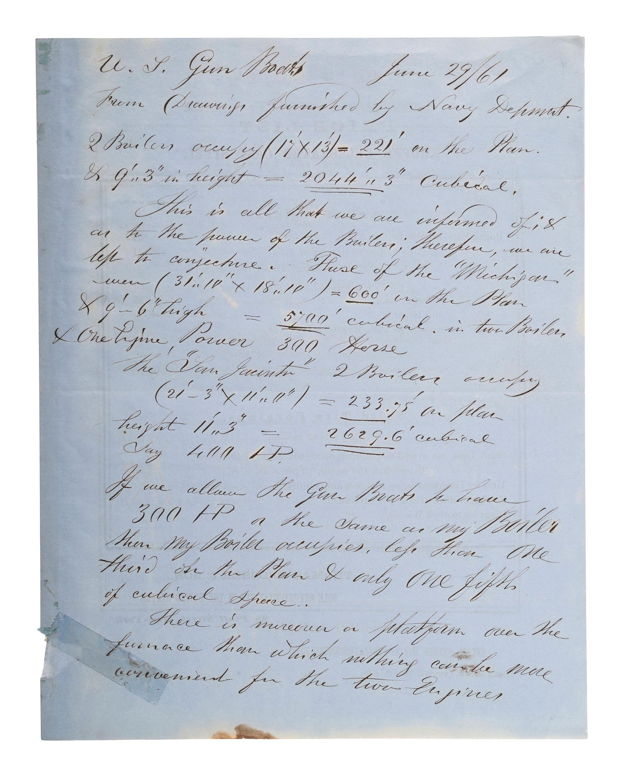 [CIVIL WAR - NAVY]. A group of documents related to artillery, mechanics, and gunboat specifications, including: