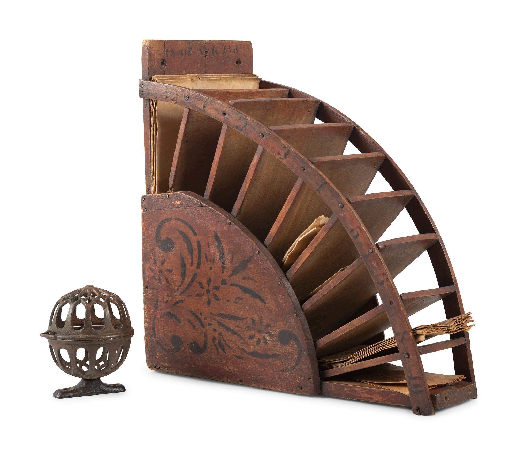 A Stenciled Wood Stratton & Bird Countertop Bag Rack
