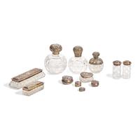 An Assembled Group of English and Mexican Sterling Silver-Mounted and Cut Glass Dressing Articles