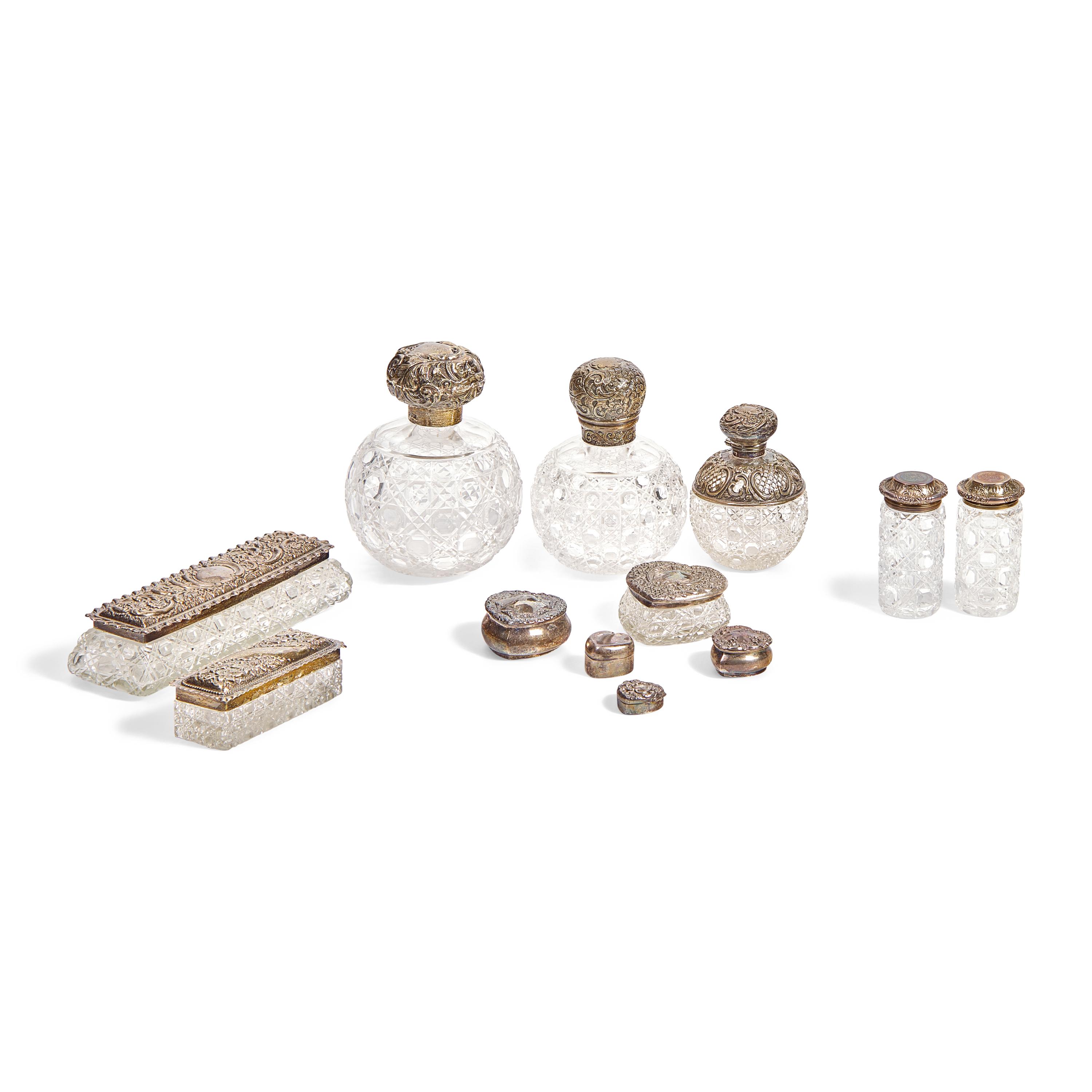 An Assembled Group of English and Mexican Sterling Silver-Mounted and Cut Glass Dressing Articles