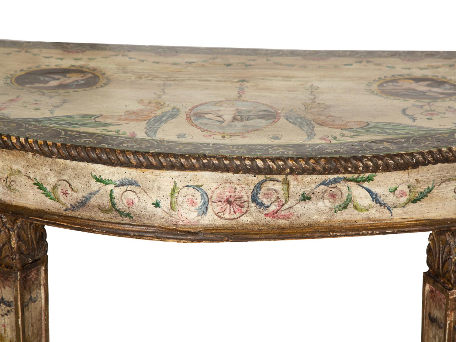 A Pair of Venetian Painted Demilune Console Tables