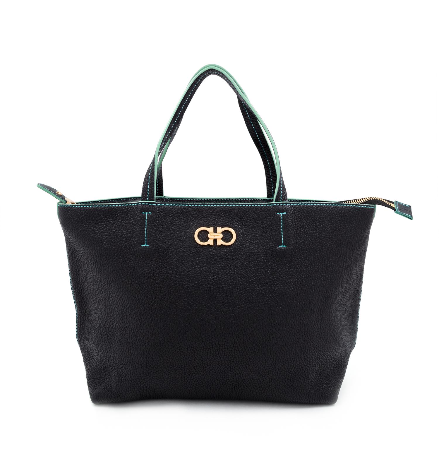 A Salvatore Ferragamo Black Pebbled Leather Bice Small Tote Bag, 8.25" H x 14" W x 4.25" D; Handle drop: 5.5".