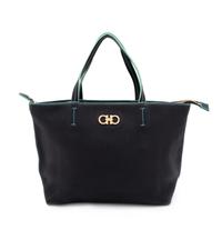 A Salvatore Ferragamo Black Pebbled Leather Bice Small Tote Bag, 8.25" H x 14" W x 4.25" D; Handle drop: 5.5".
