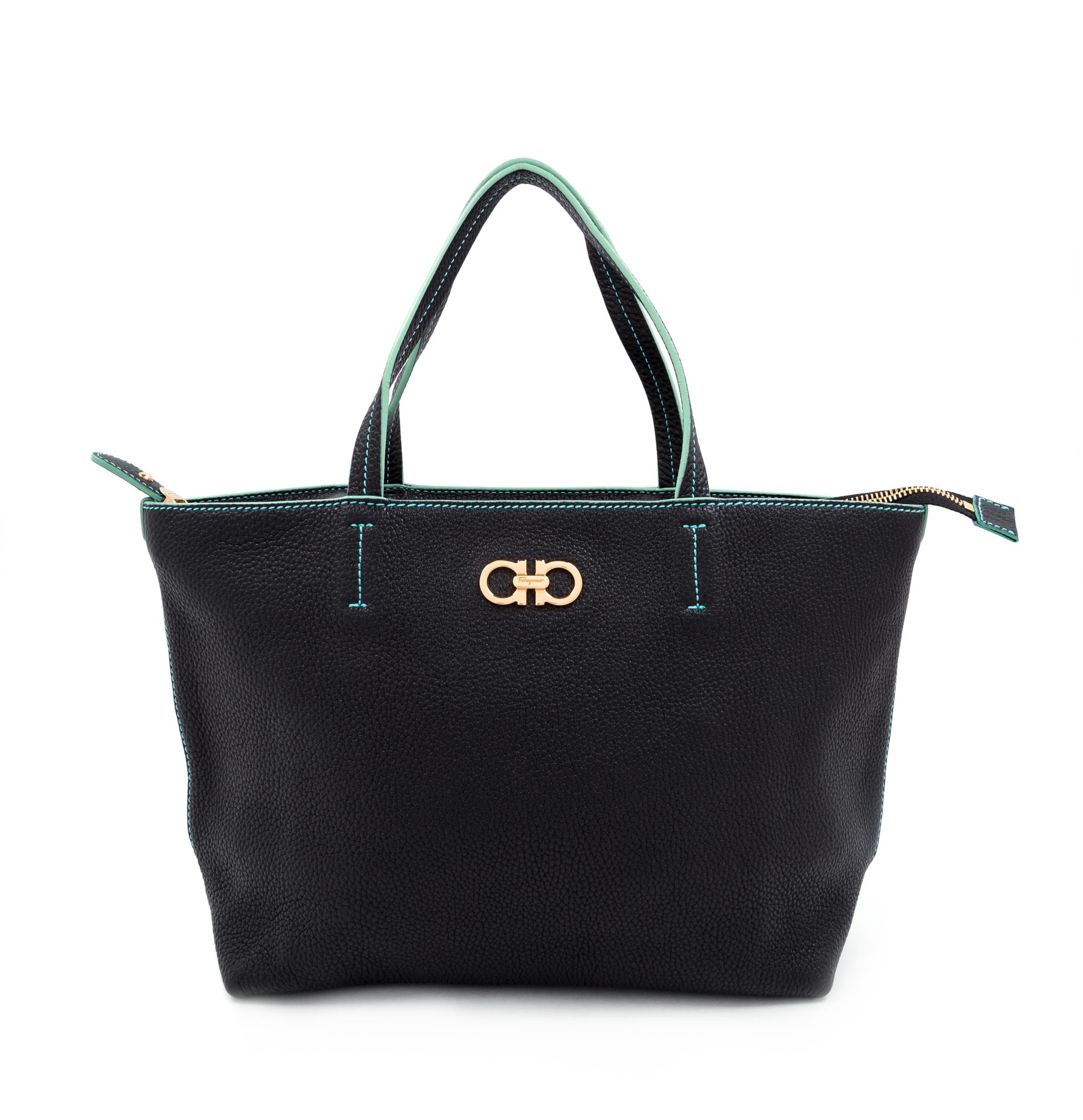 A Salvatore Ferragamo Black Pebbled Leather Bice Small Tote Bag, 8.25" H x 14" W x 4.25" D; Handle drop: 5.5".