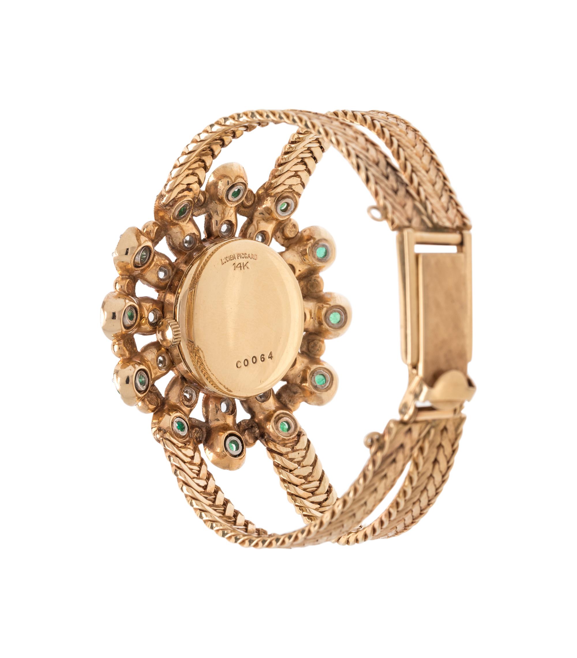 LUCIEN PICCARD, 14K YELLOW GOLD, DIAMOND AND EMERALD WRISTWATCH
