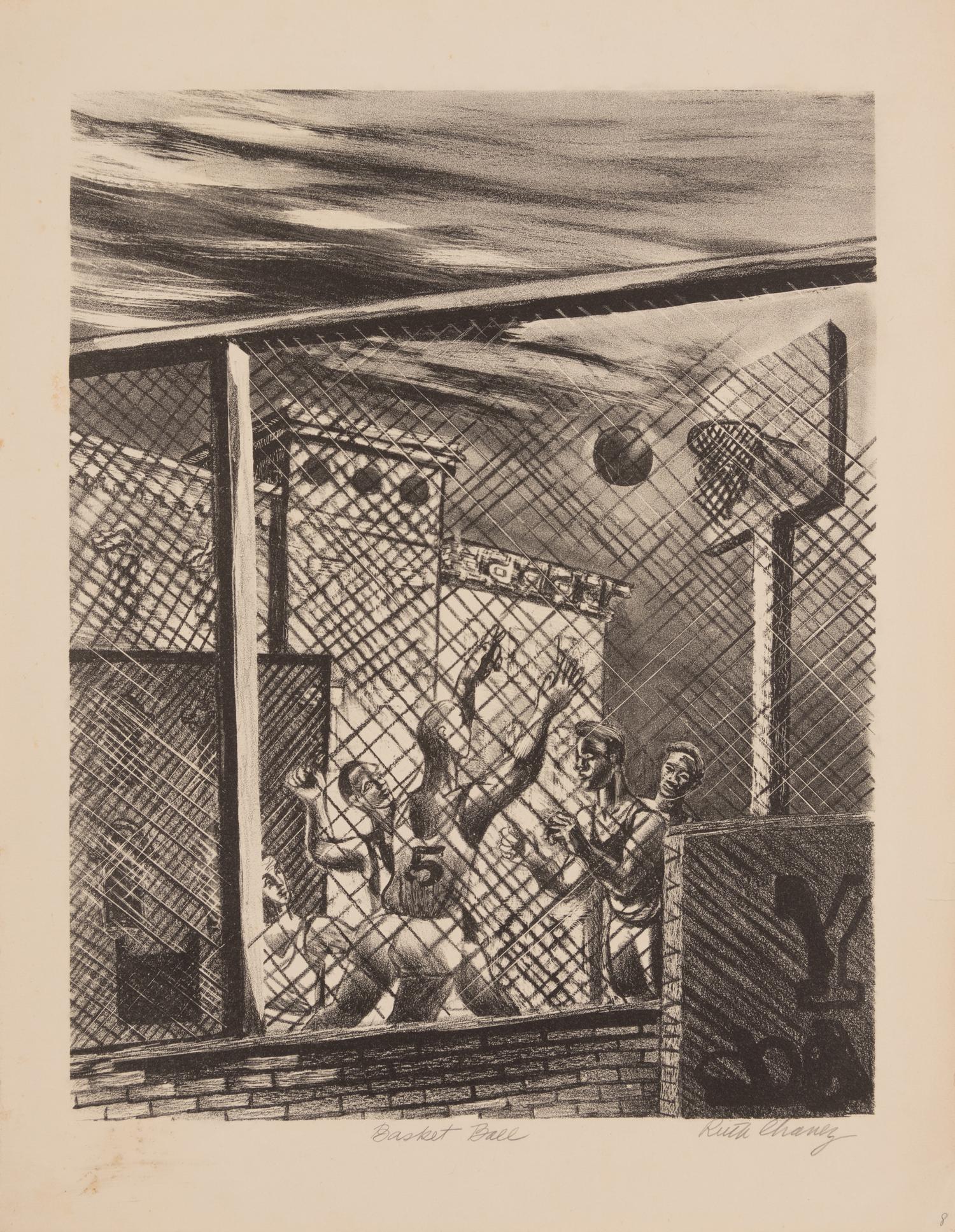 A group of six American prints (Ruth Chaney, Basketball ; Maxim Gottlieb, The Village Thief ; John Gregory, Cortez Street, Boston ; Lawrence Kupferman, Victorian Mansion ; Reginald Marsh, Star Burlesque ; William Sharpe, Ambulance )