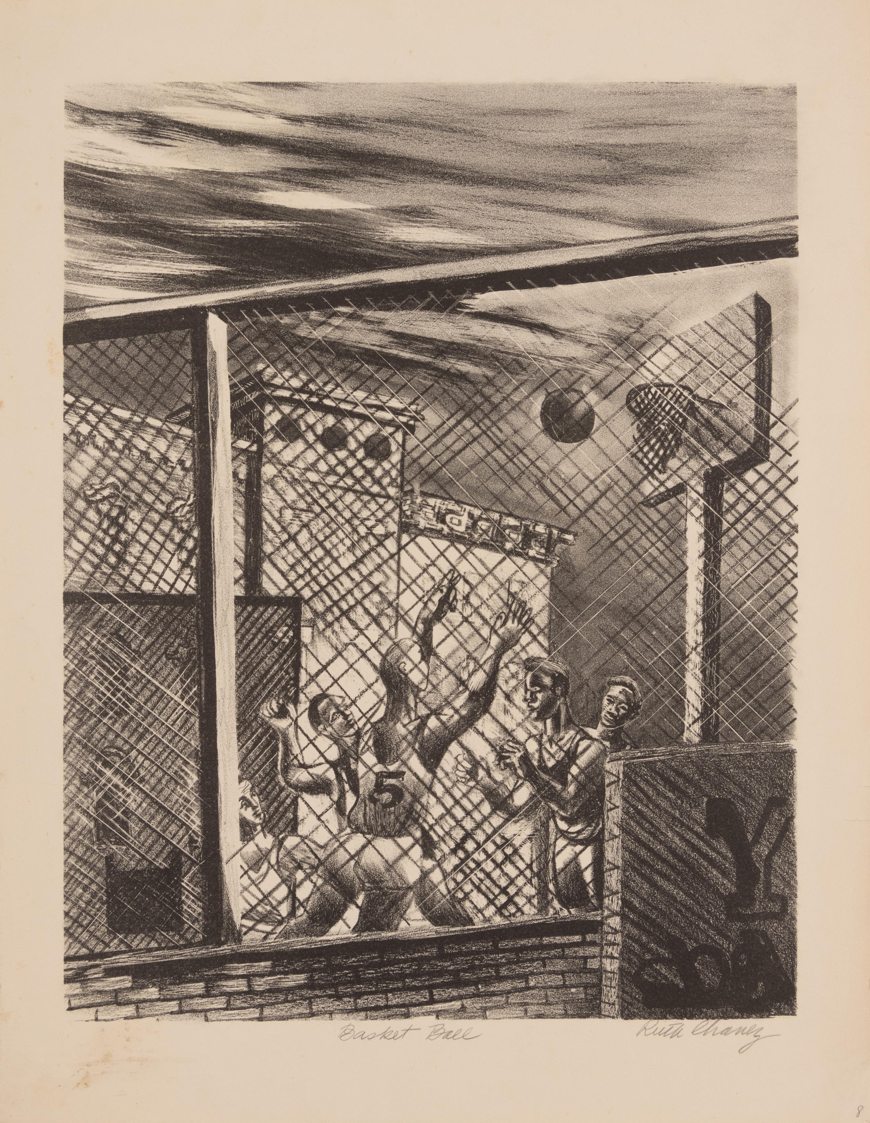 A group of six American prints (Ruth Chaney, Basketball ; Maxim Gottlieb, The Village Thief ; John Gregory, Cortez Street, Boston ; Lawrence Kupferman, Victorian Mansion ; Reginald Marsh, Star Burlesque ; William Sharpe, Ambulance )