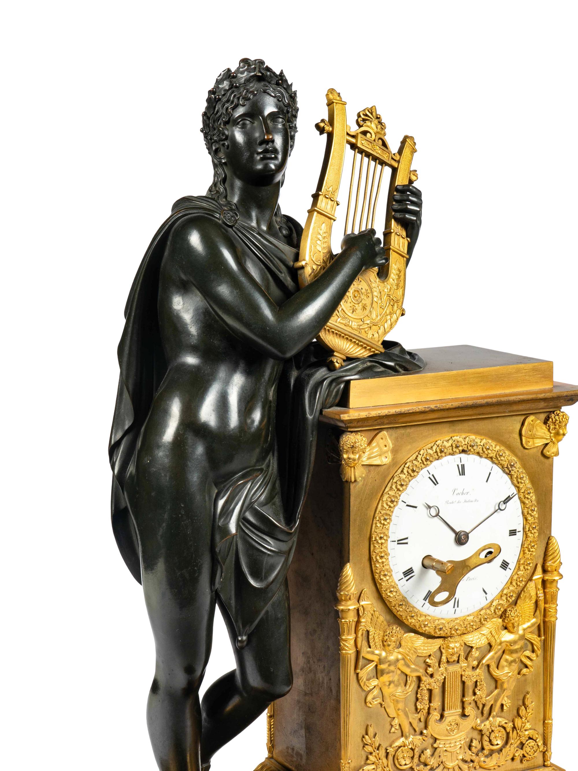 A Restauration Gilt and Patinated Bronze Mantel Clock with Orpheus and a Lyre