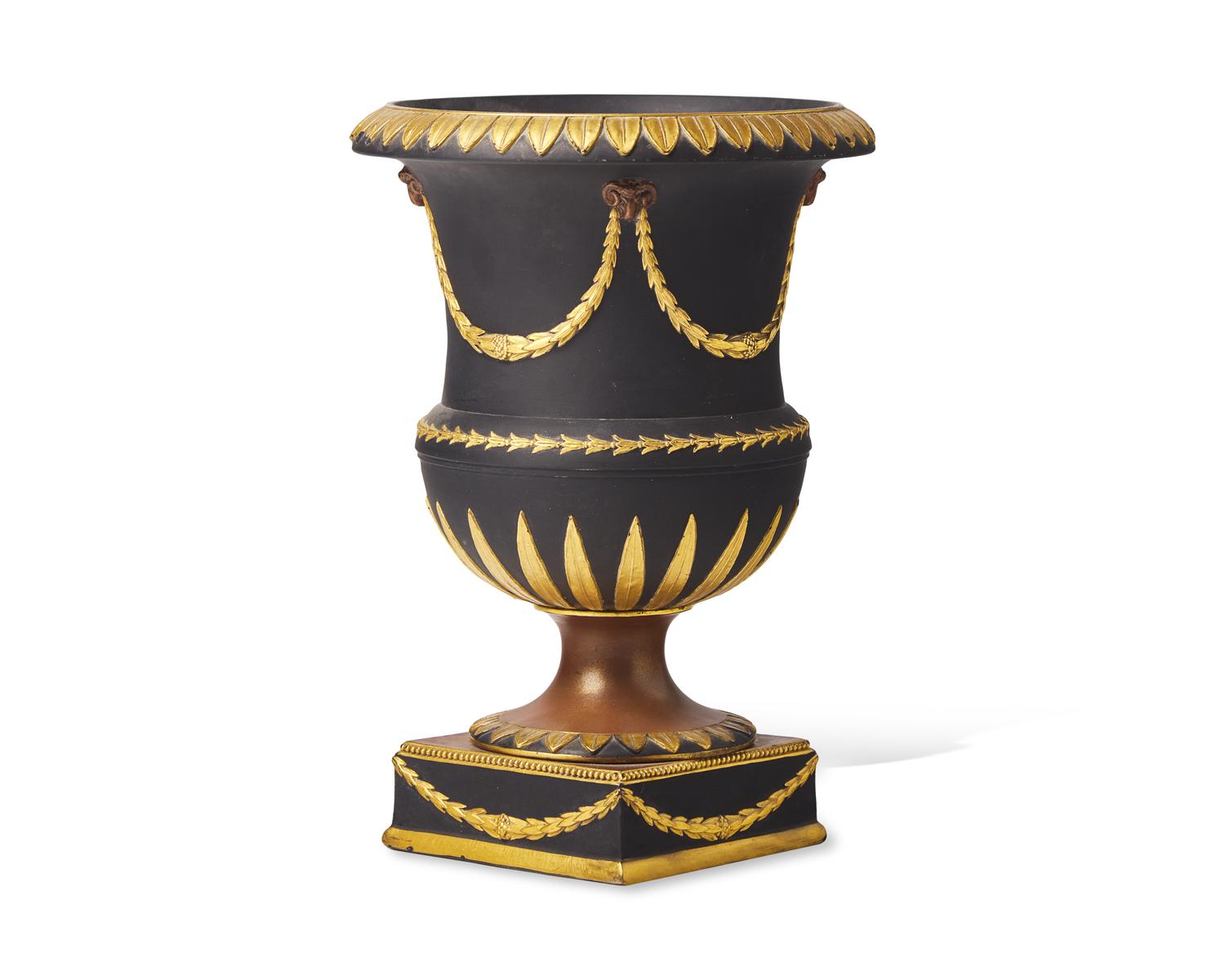A Wedgwood Neoclassical Parcel-Gilt Basalt Urn