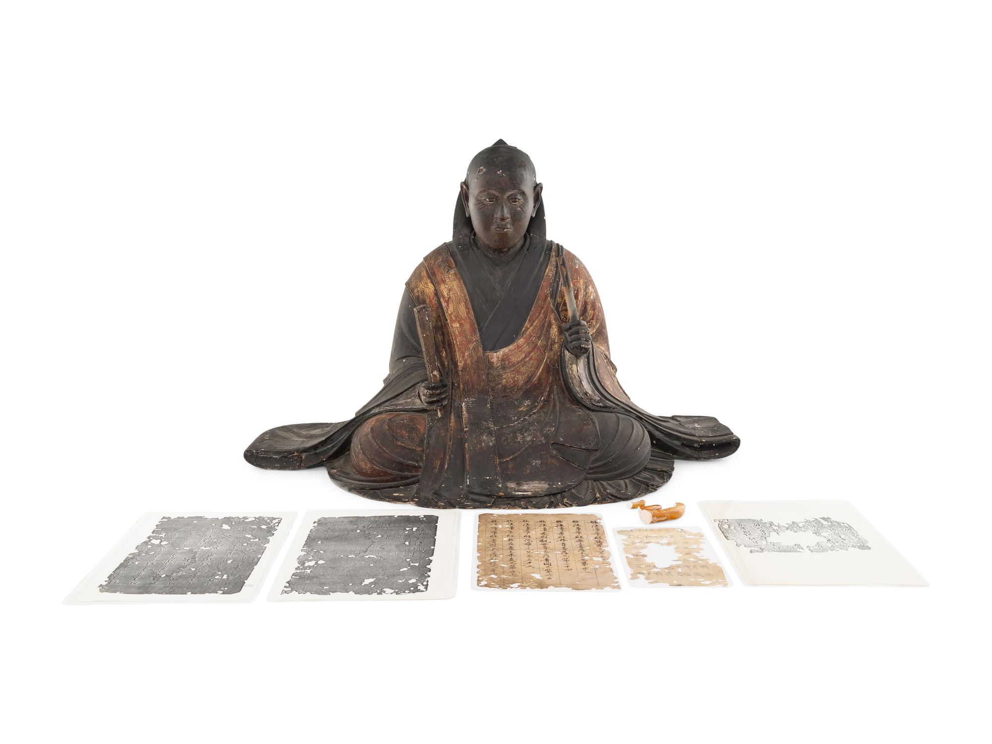 A Japanese Gilt and Painted Wood Figure of a Seated Priest