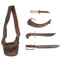 Lot of Three Bowie Knives, Possibles Bag, and Powder Horn