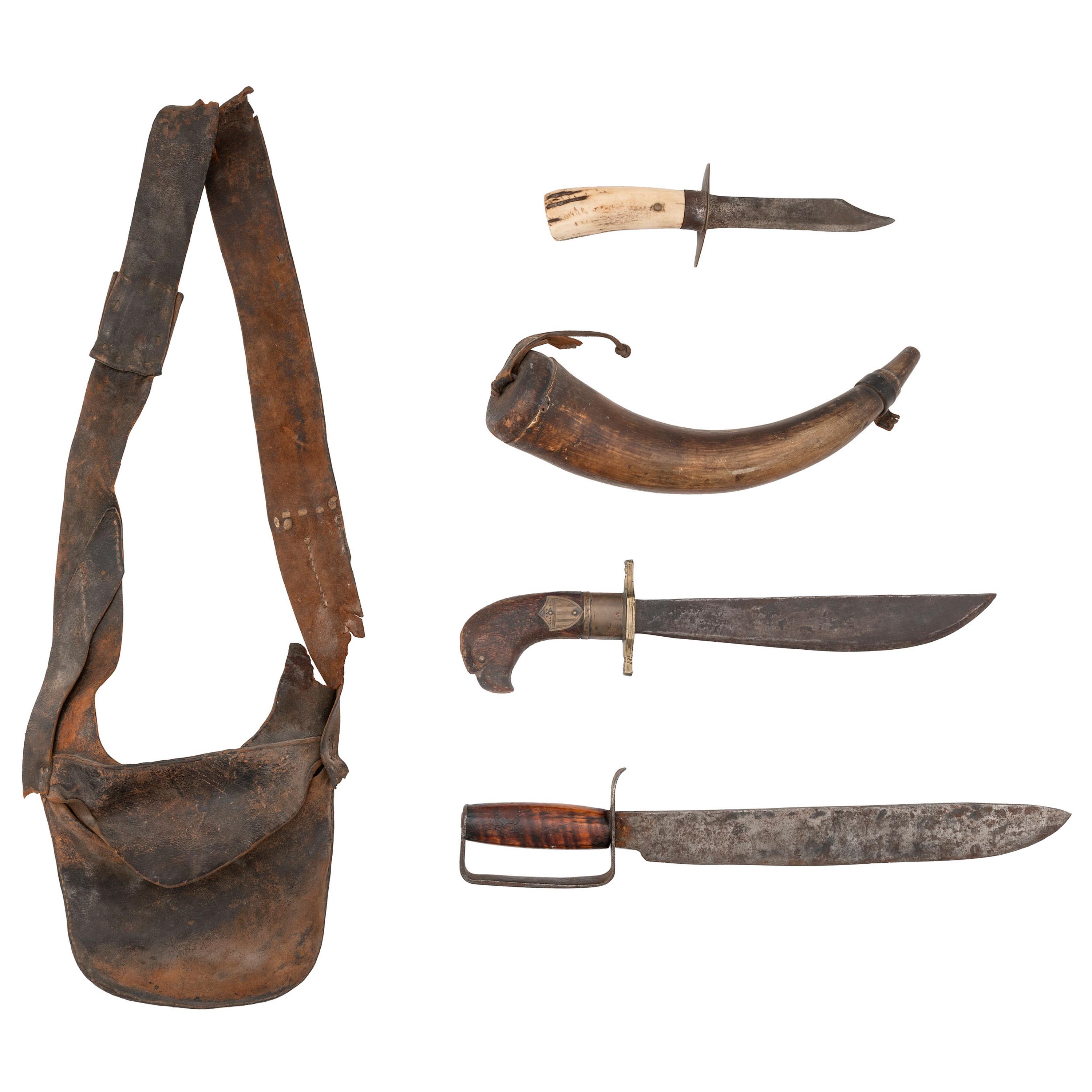 Lot of Three Bowie Knives, Possibles Bag, and Powder Horn