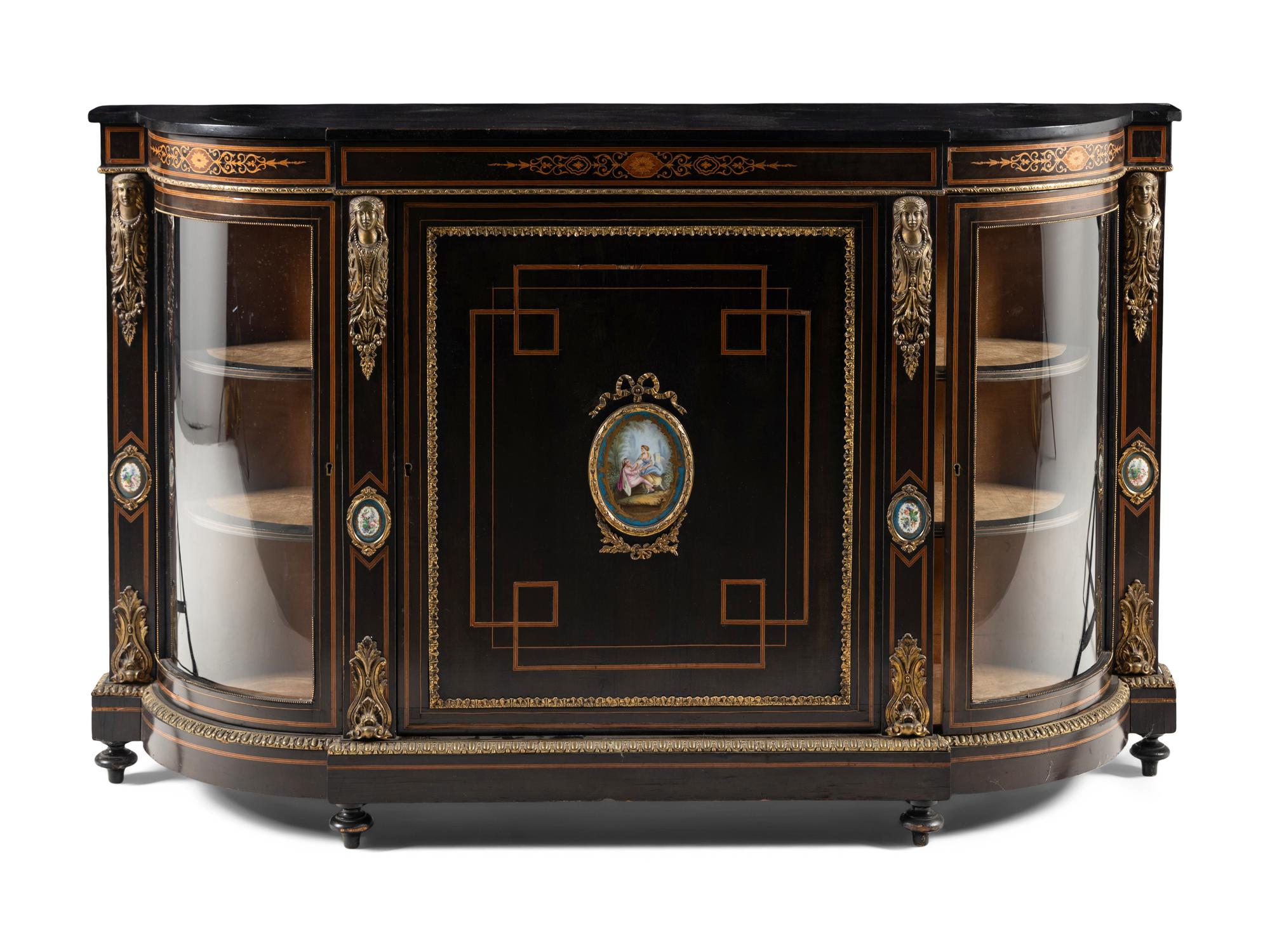 A Napoleon III Style Porcelain-Inset and Gilt Bronze Mounted Console Cabinet