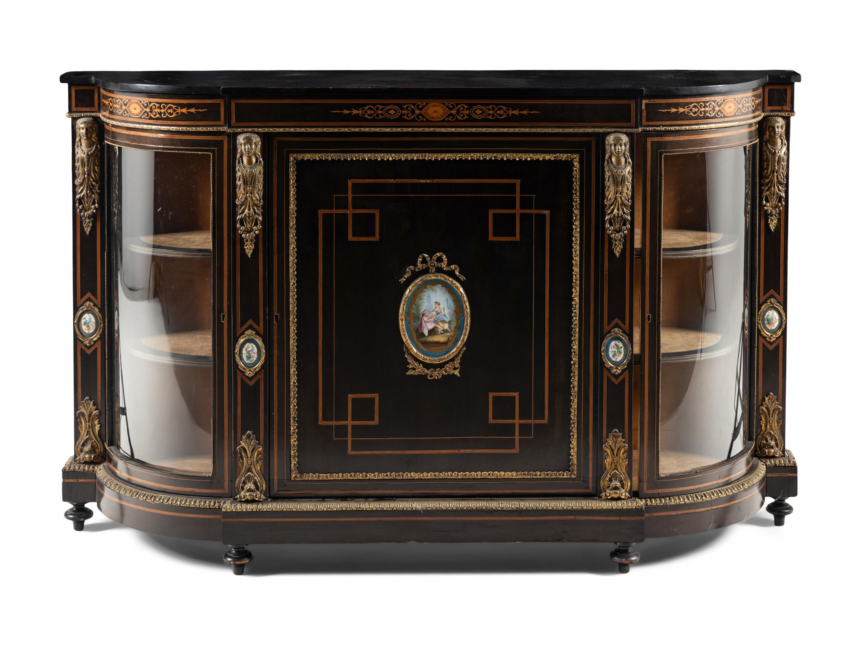 A Napoleon III Style Porcelain-Inset and Gilt Bronze Mounted Console Cabinet