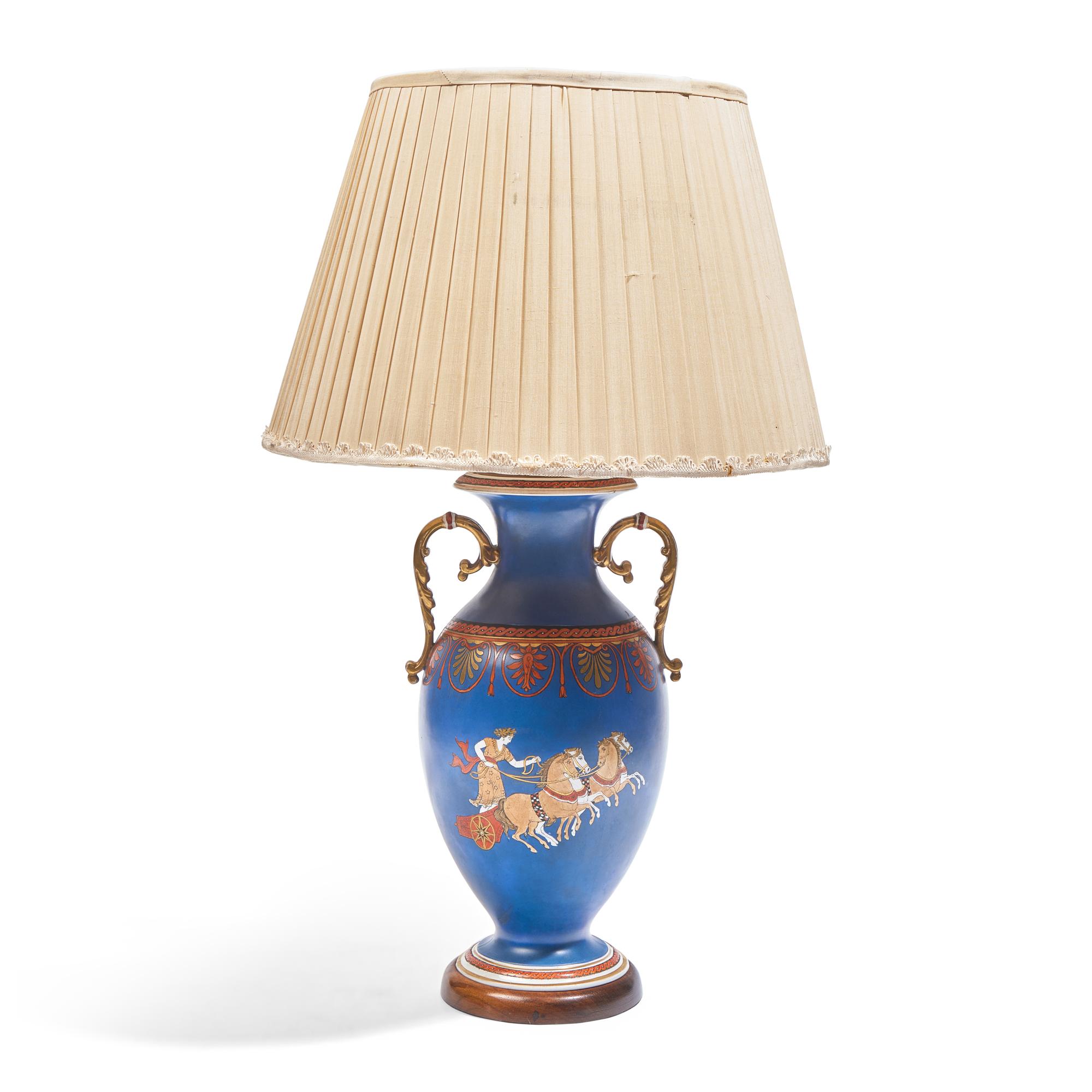 A Greek Revival Parcel Gilt Porcelain Vasiform Lamp