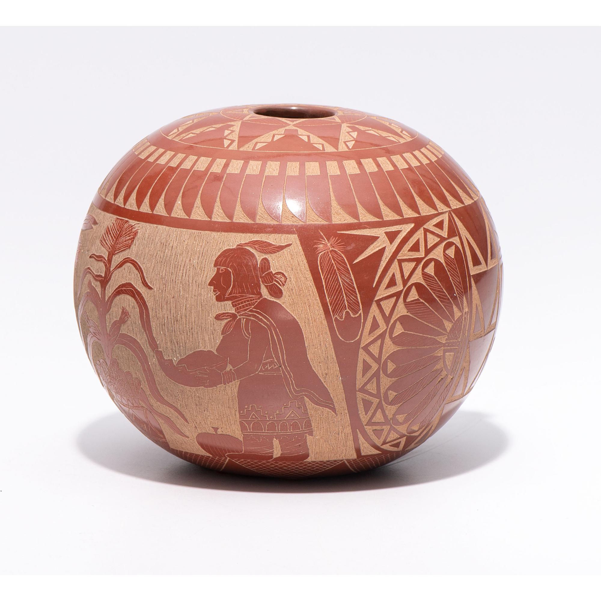 Award-Winning Sgraffito Redware Seed Jar, with Turquoise Cabochon